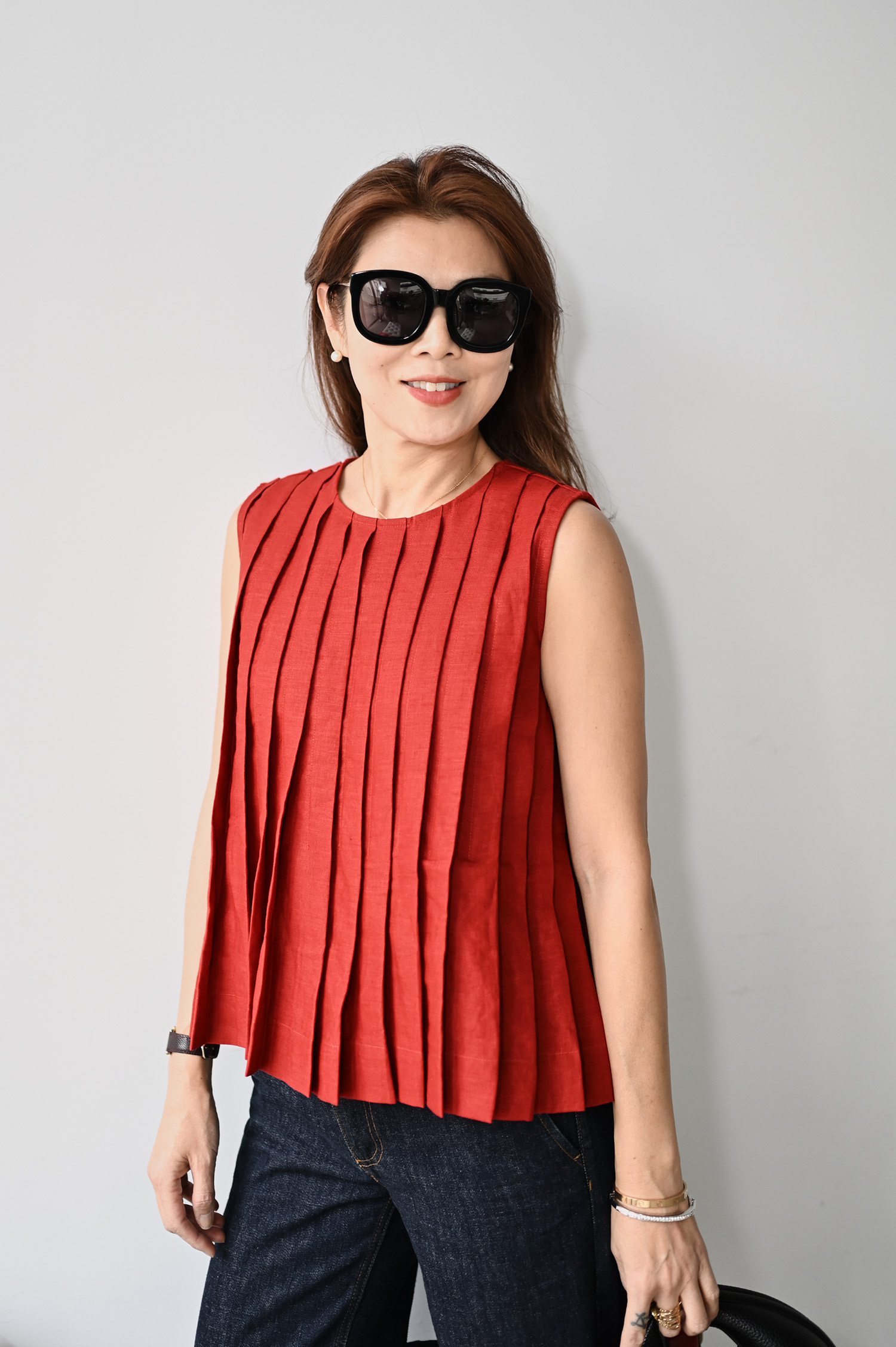 亞麻百褶無袖上衣