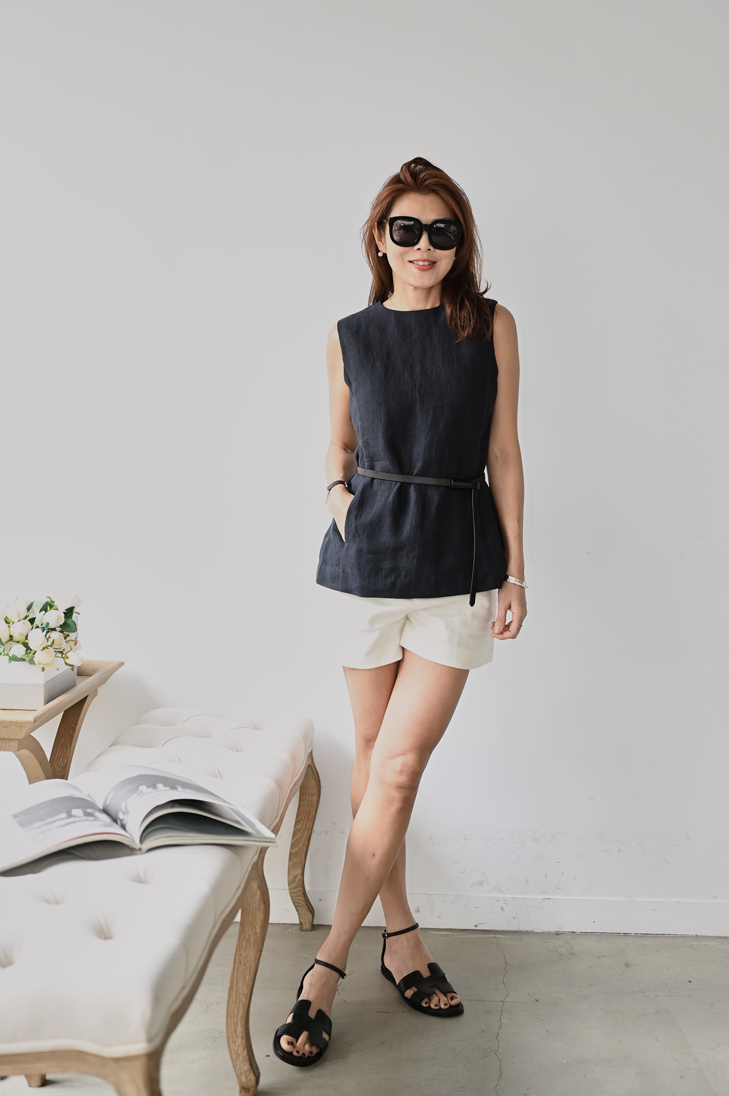 亞麻修身無袖上衣