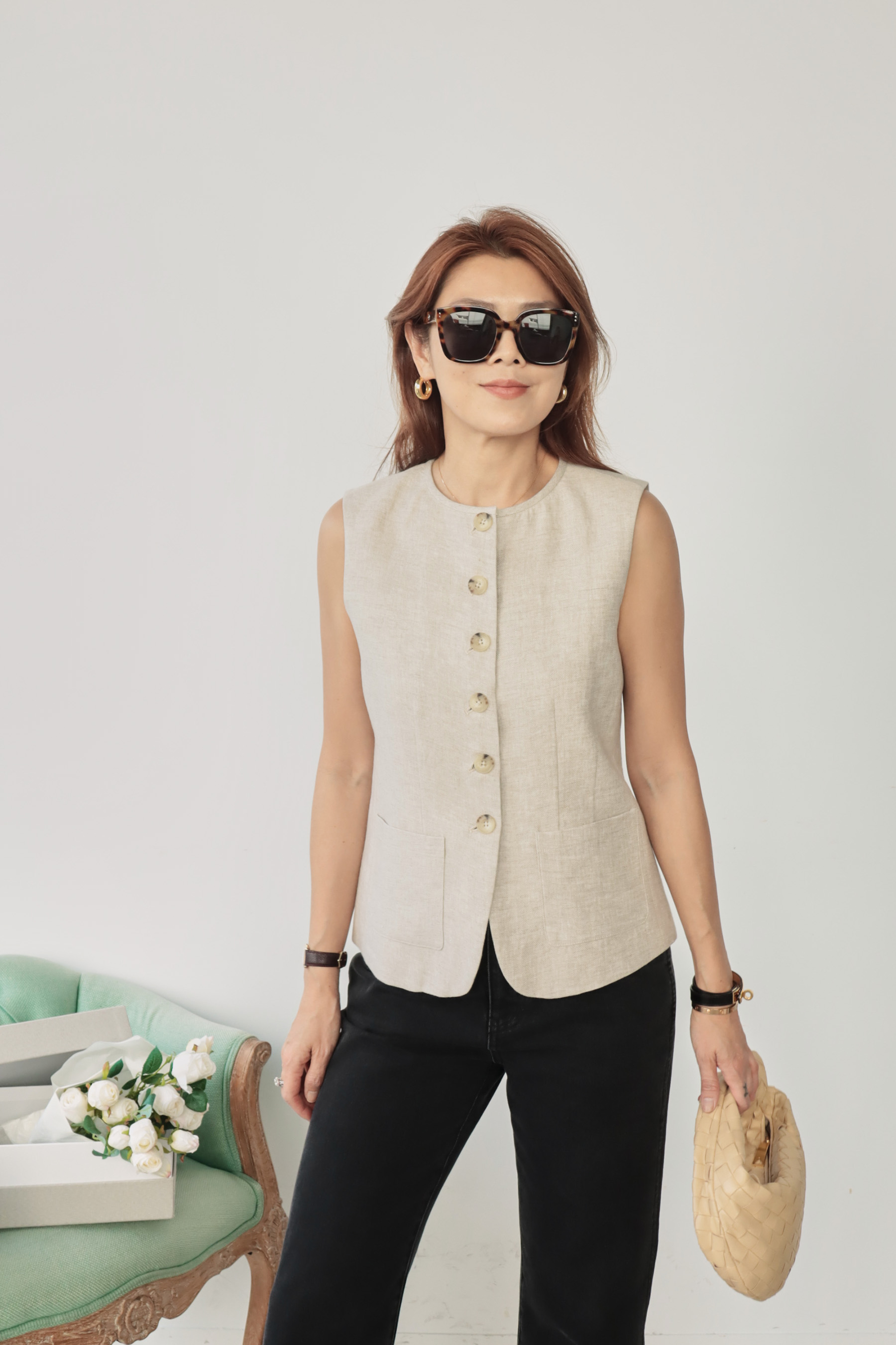 【搶先價】亞麻圓領馬甲無袖上衣