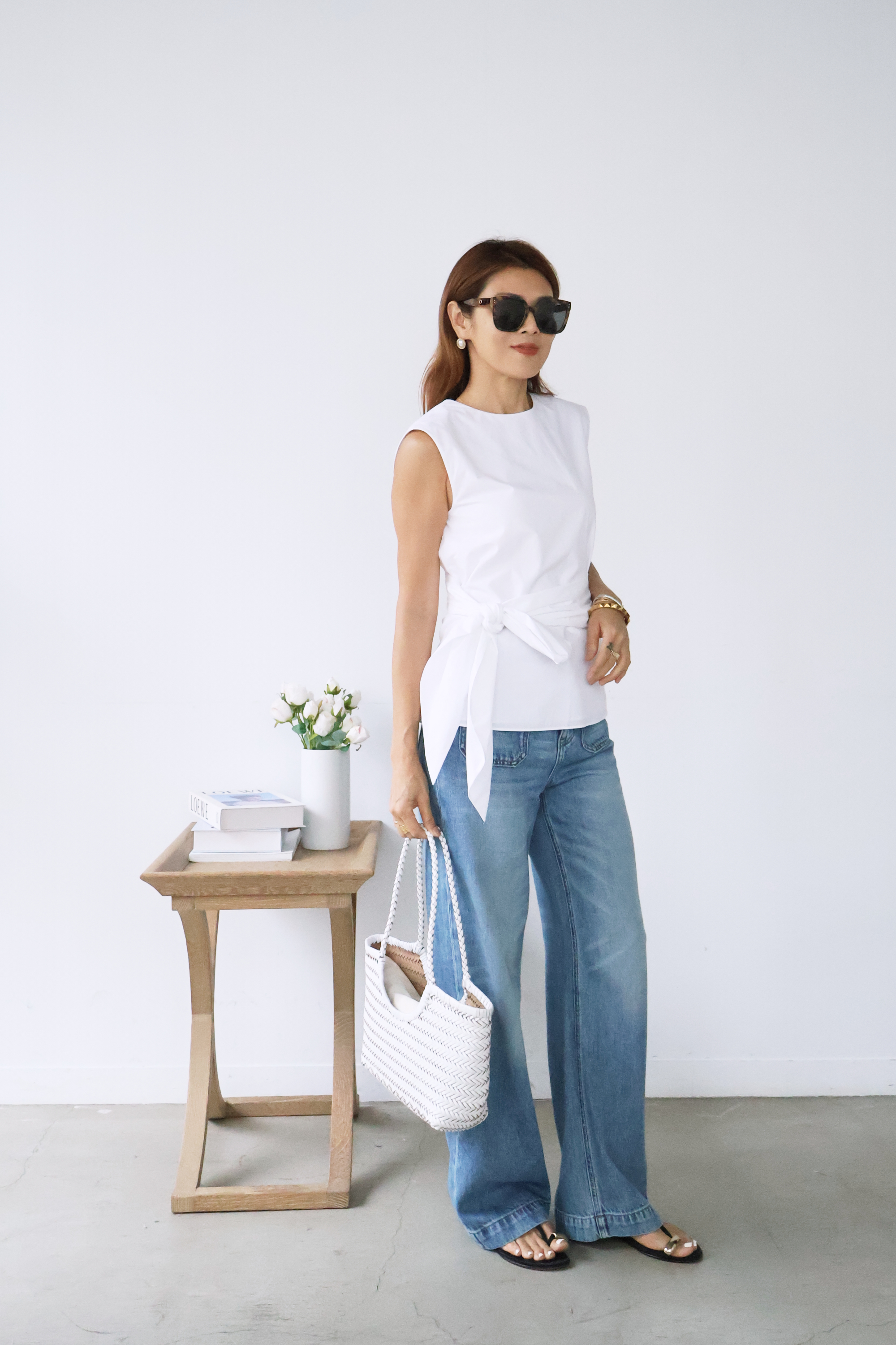 蝴蝶結綁帶高支棉無袖背心上衣