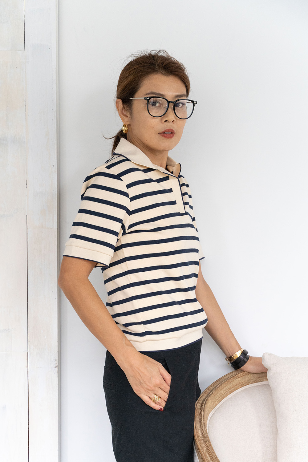 黑白粗條POLO領短袖上衣