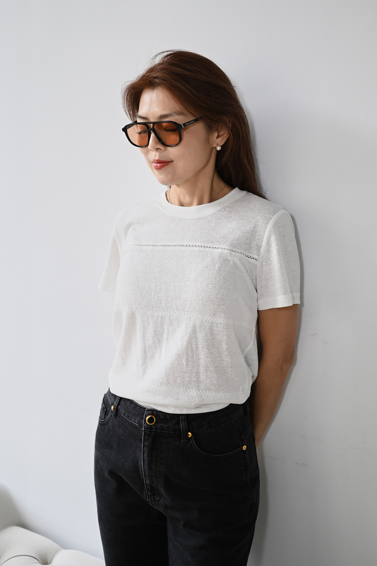 簍空編織縫線圓領短袖T