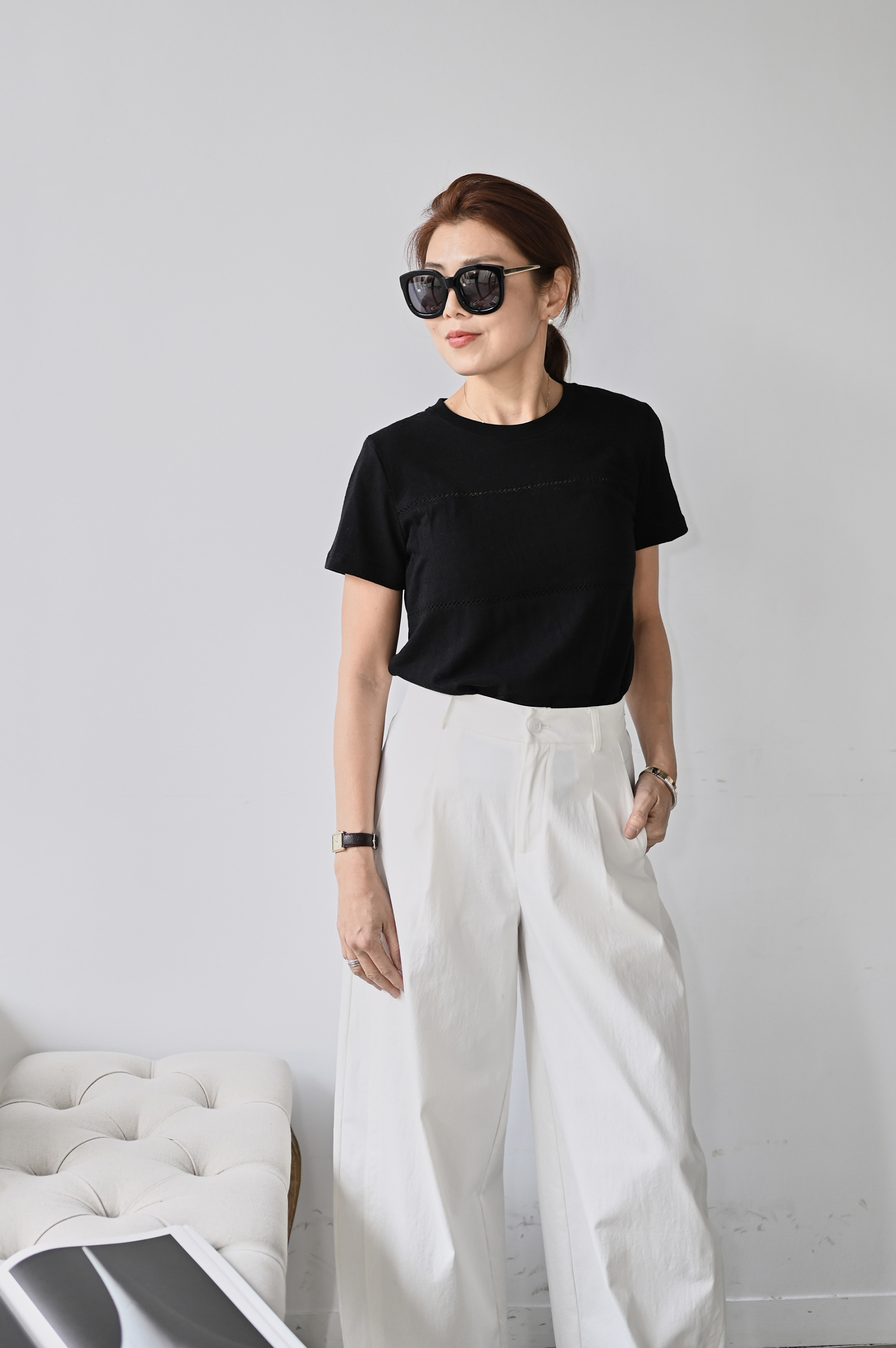 簍空編織縫線圓領短袖T