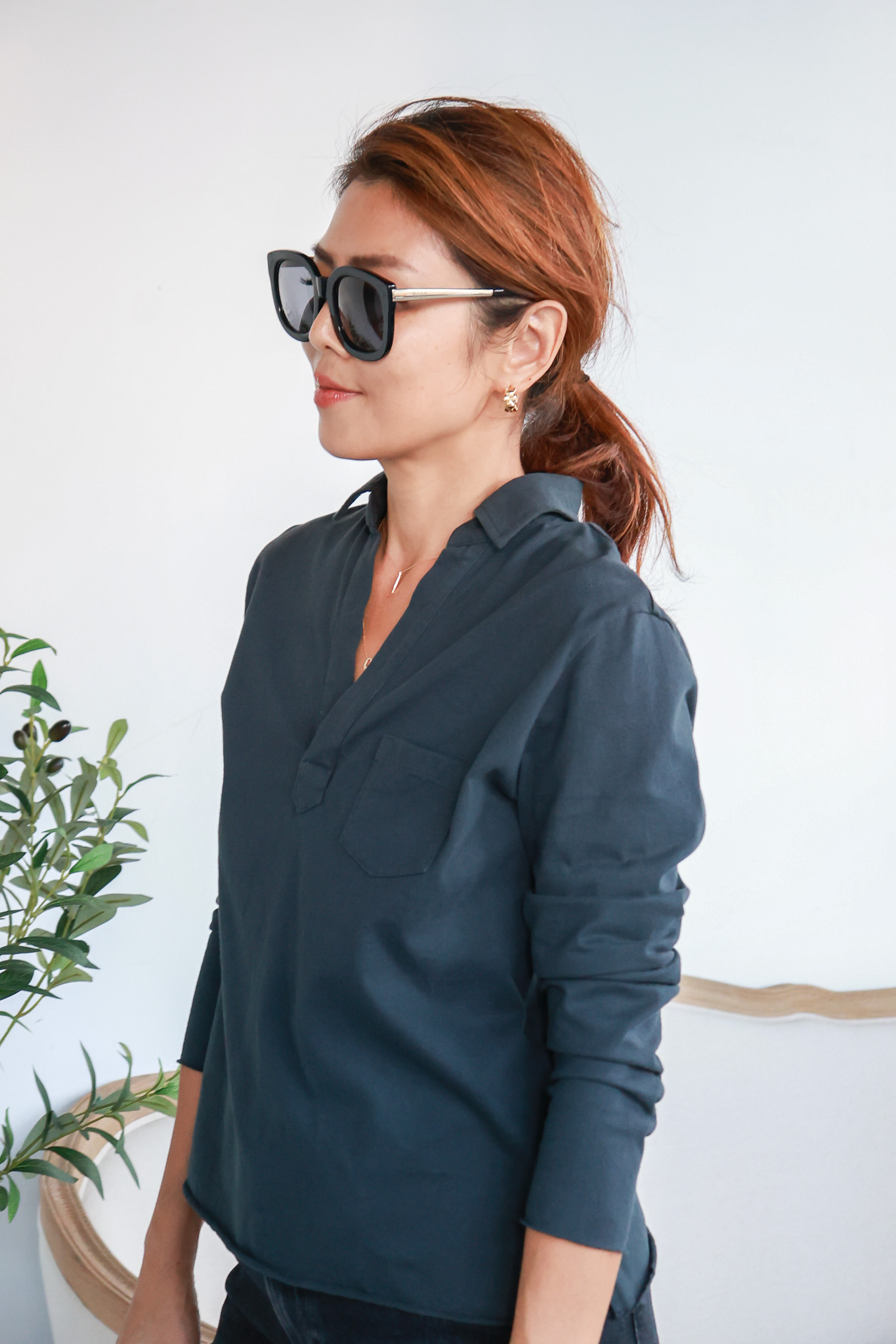 立領半門襟不收邊長袖上衣