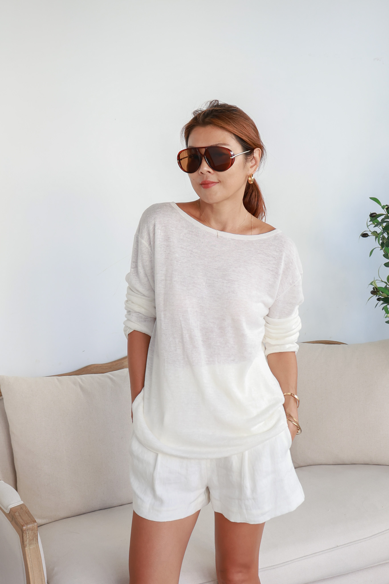 亞麻針織長袖上衣