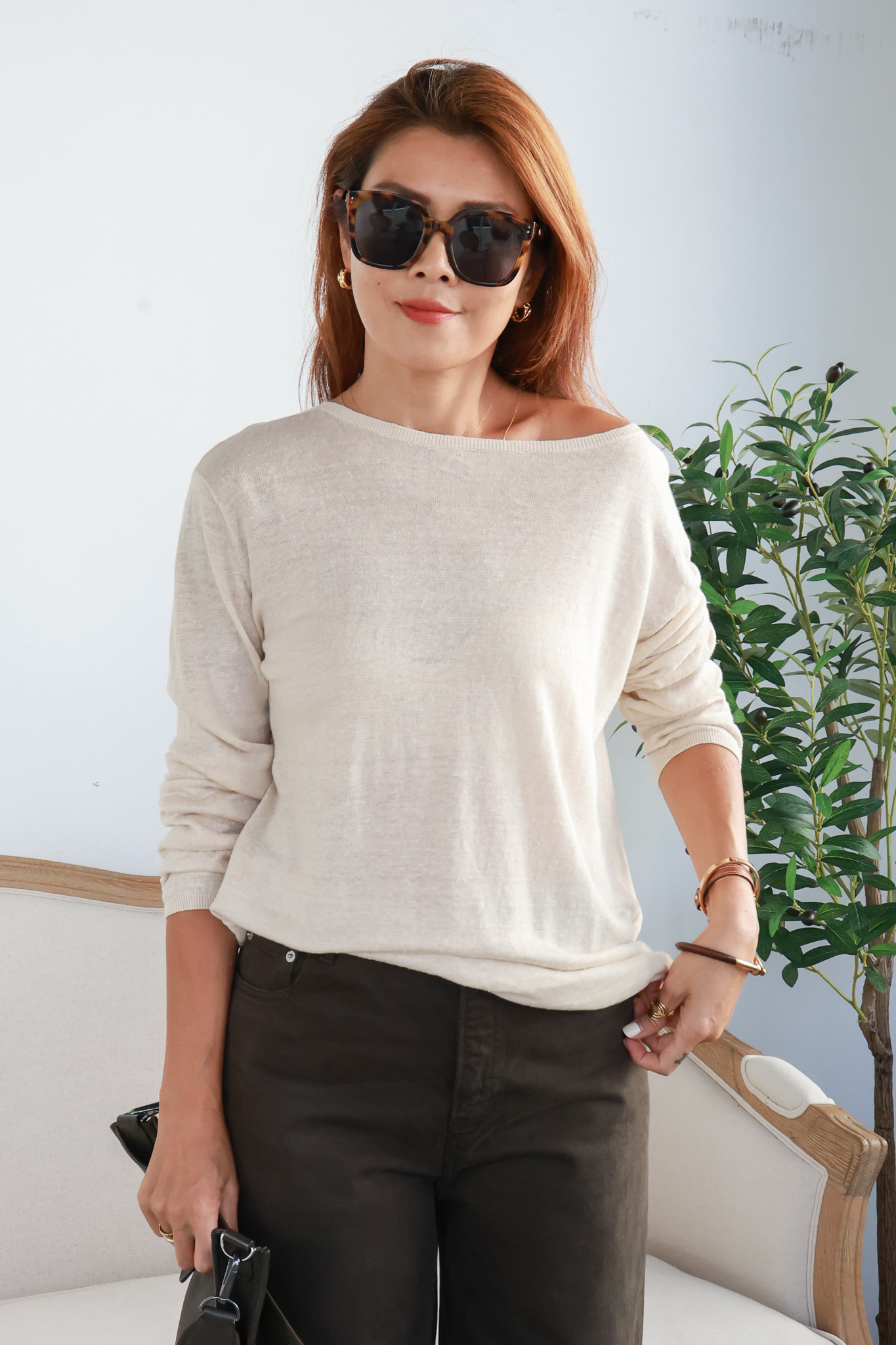 亞麻針織長袖上衣