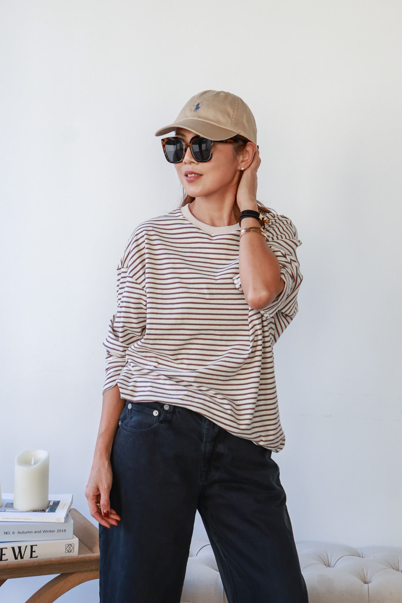 圓領咖藍細橫條紋長袖上衣