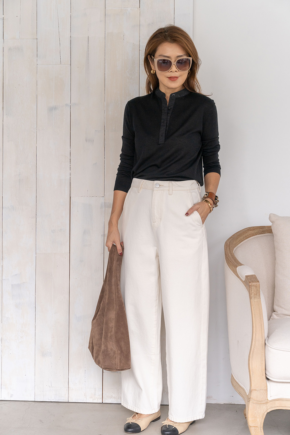 超細羊毛半門襟長袖針織上衣