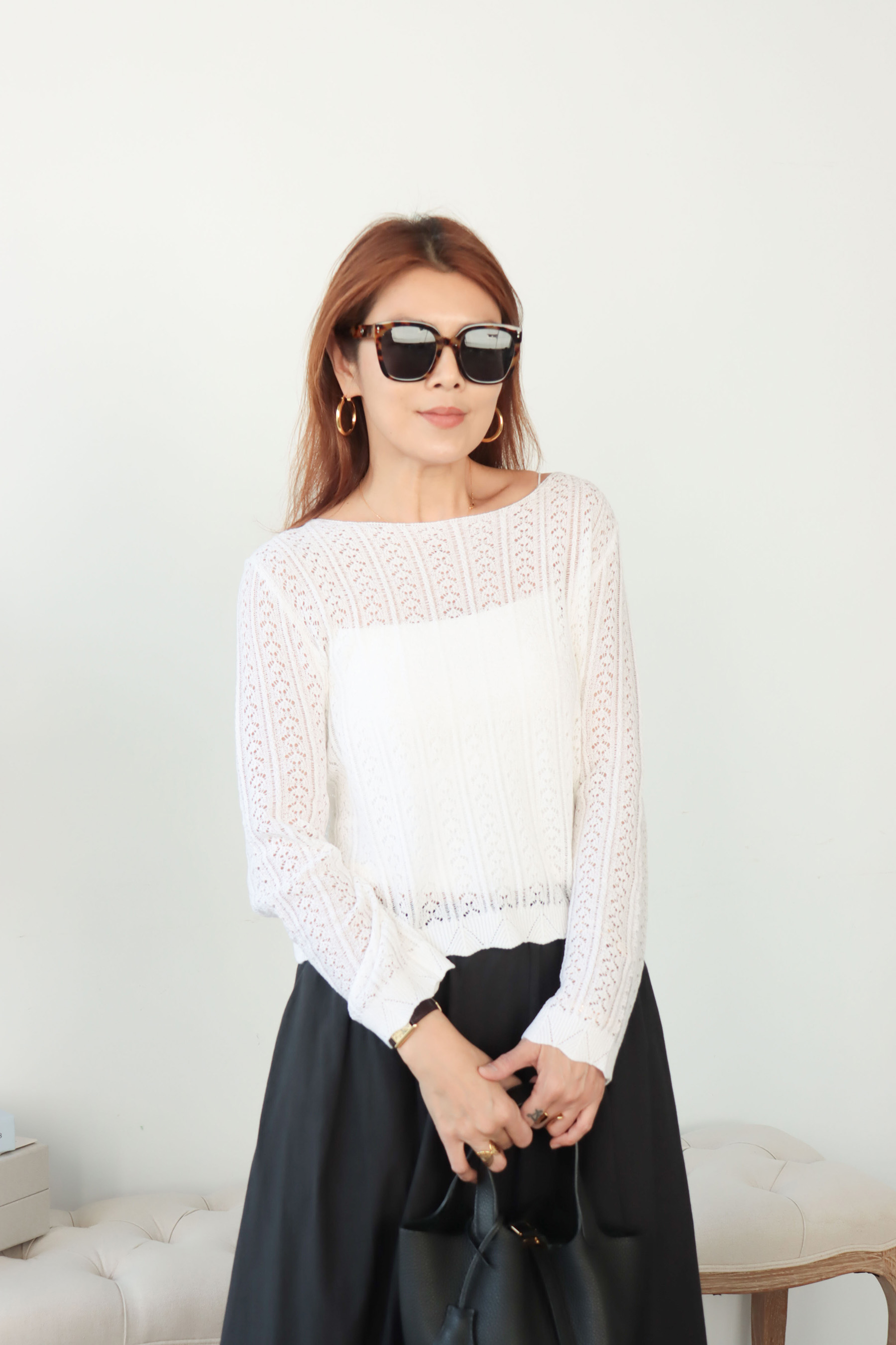 浪花邊鏤空蕾絲長袖上衣