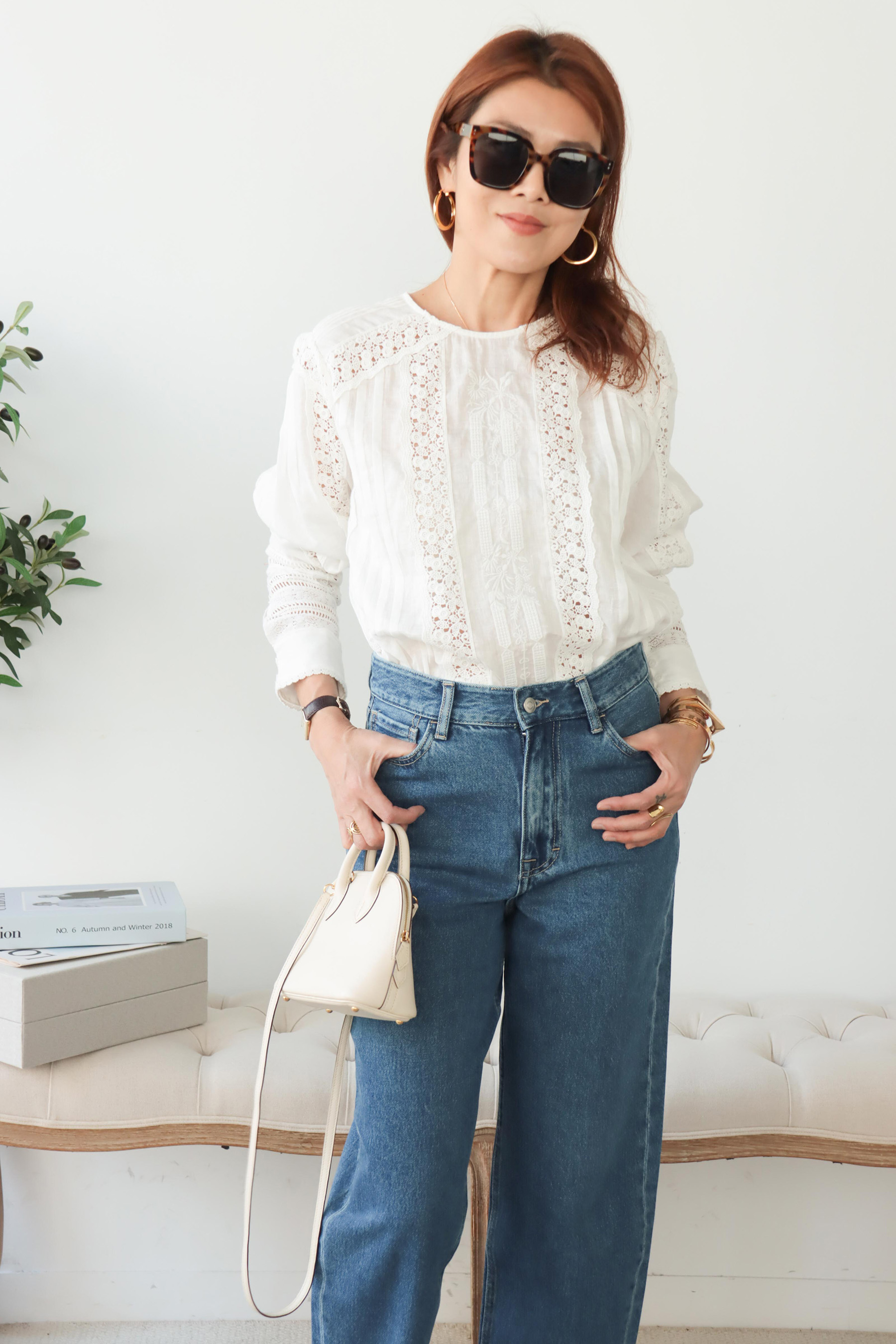 Juliet 鏤空蕾絲拼接刺繡亞麻長袖上衣