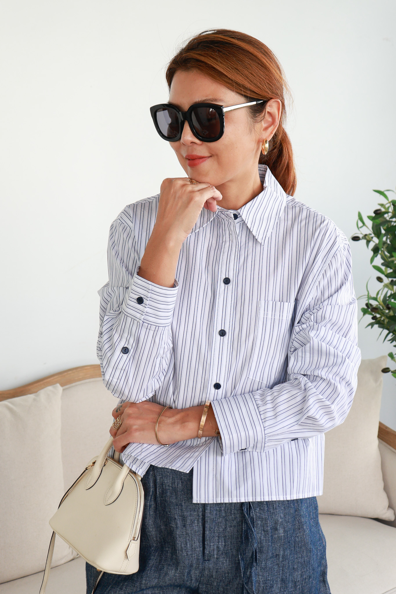 藍白條紋短版長袖襯衫
