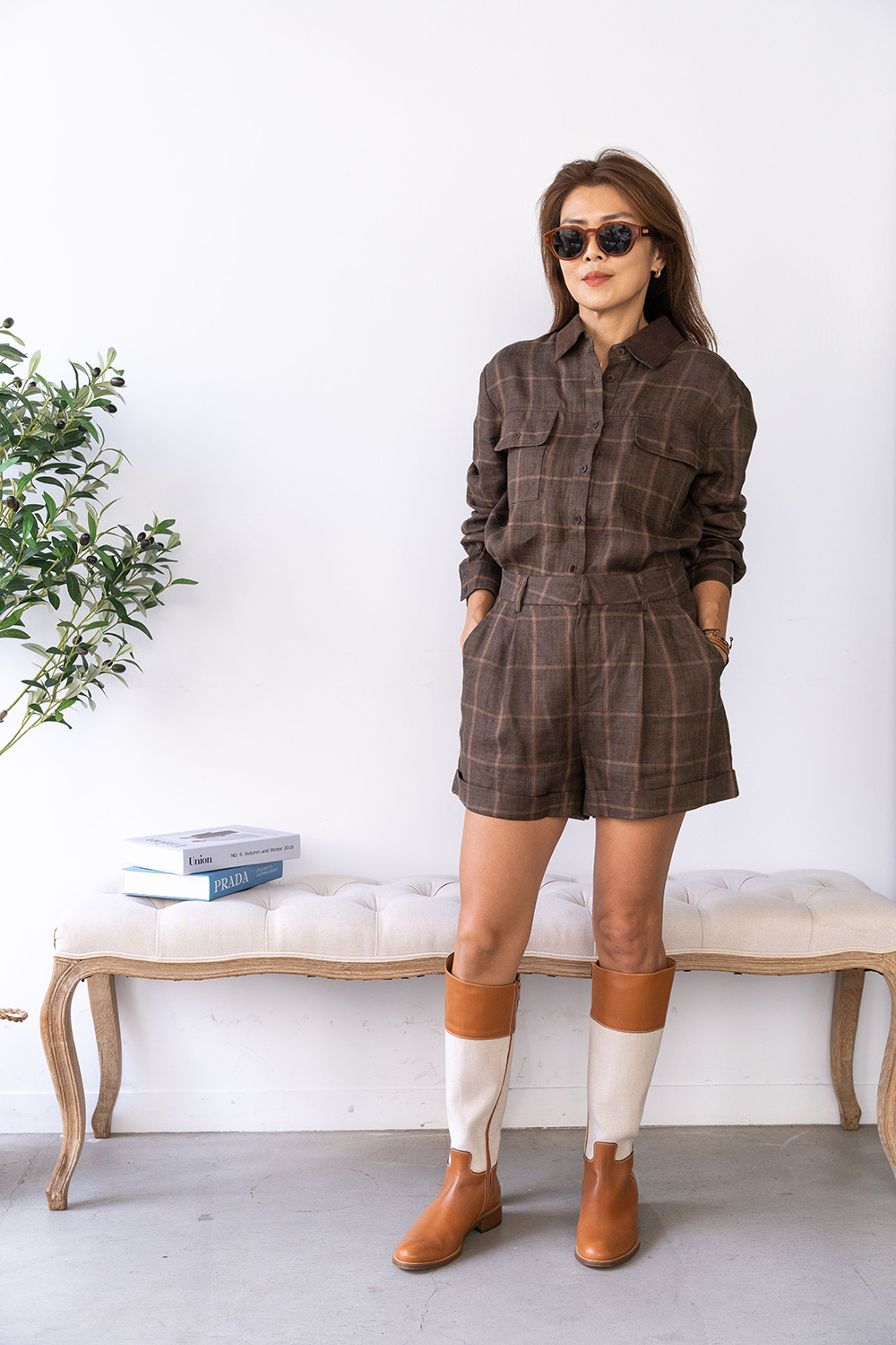 燈芯絨領大方格亞麻套裝