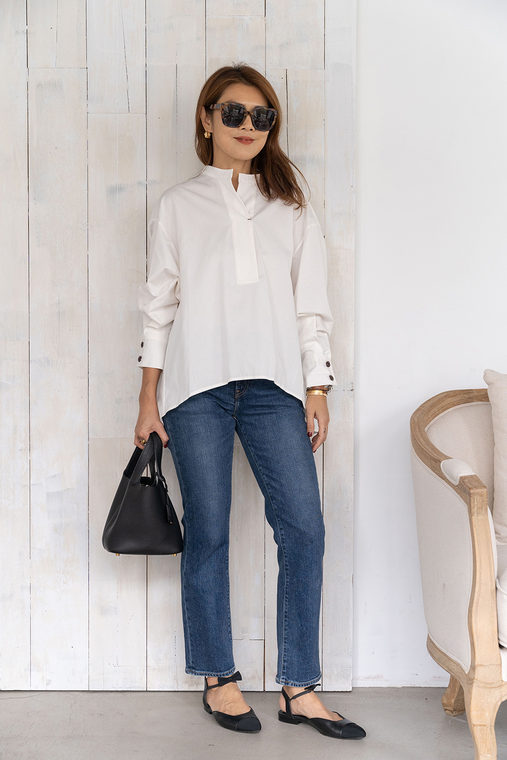 寬鬆小立領半開襟襯衫