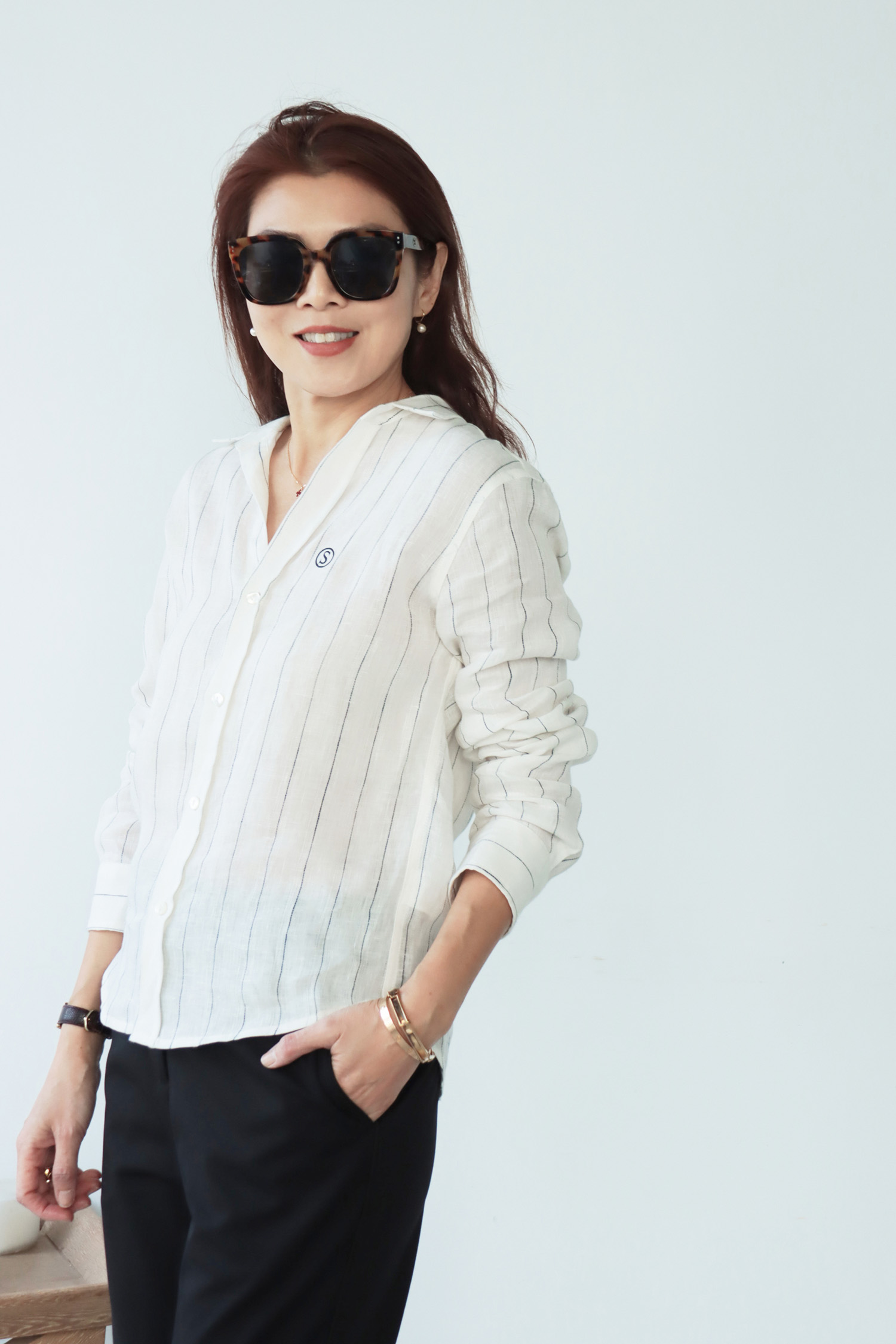 虛線翻領亞麻小V襯衫