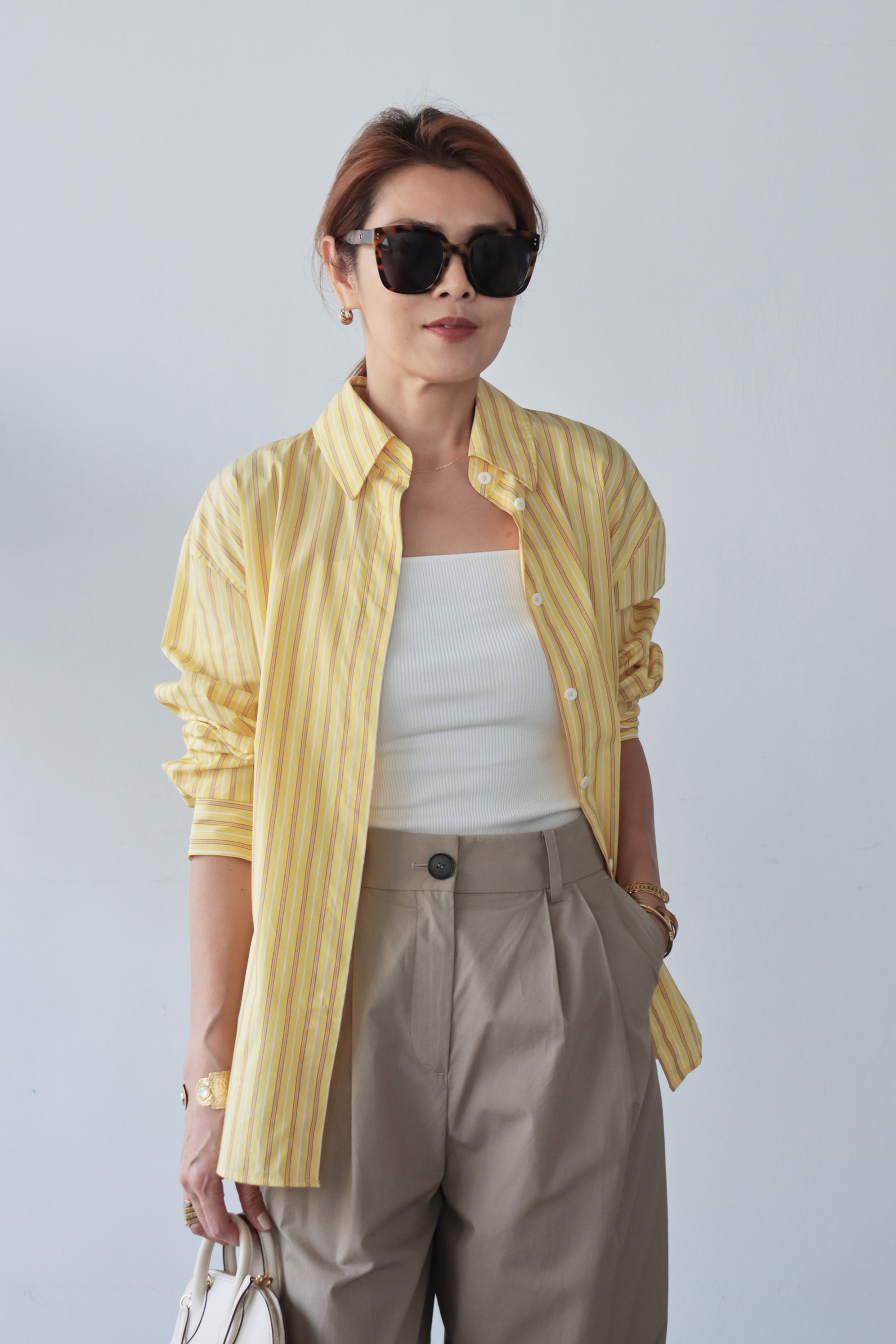 Ori 黃棕織紋棉直條襯衫