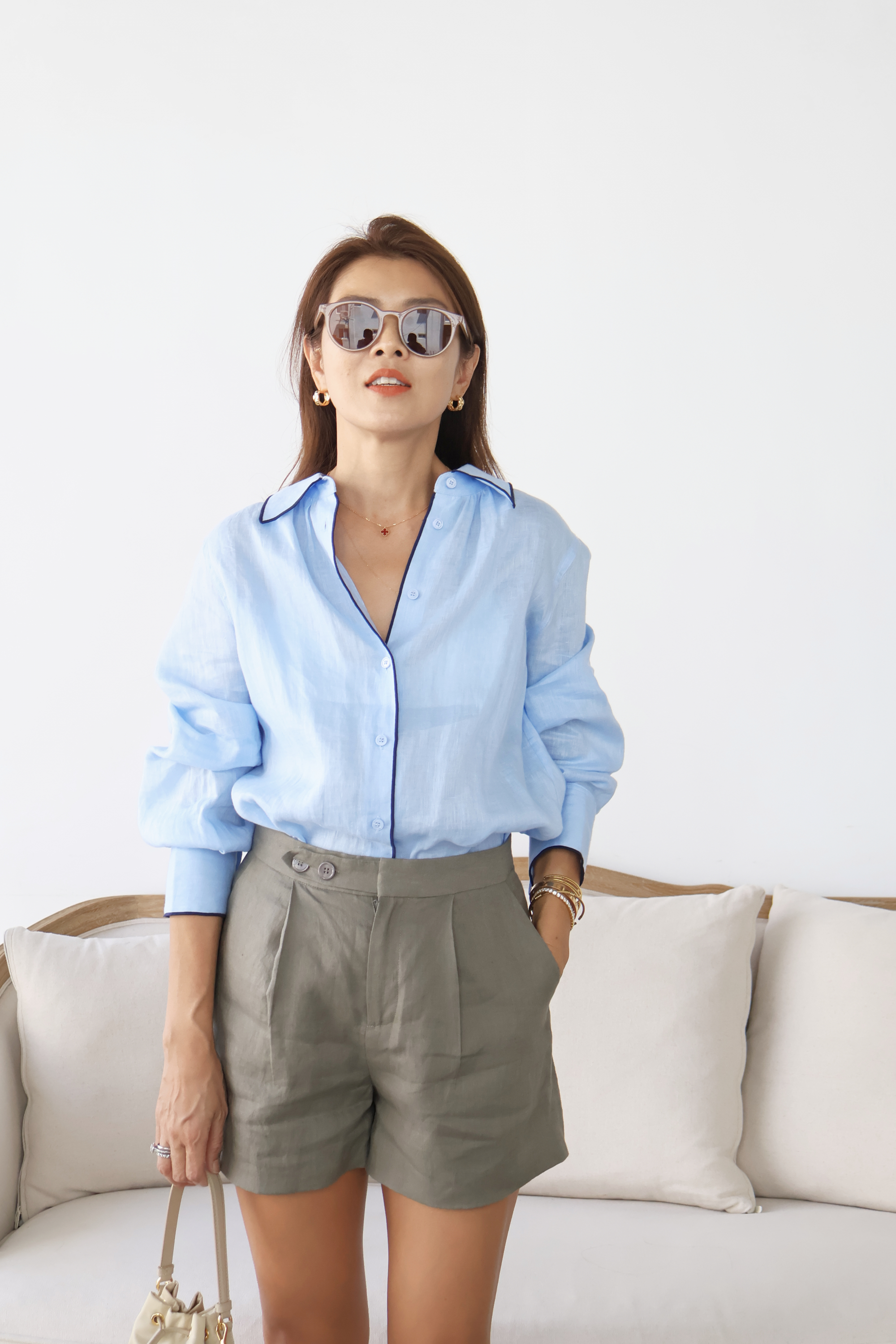 Lounge Chic 滾邊撞色亞麻襯衫