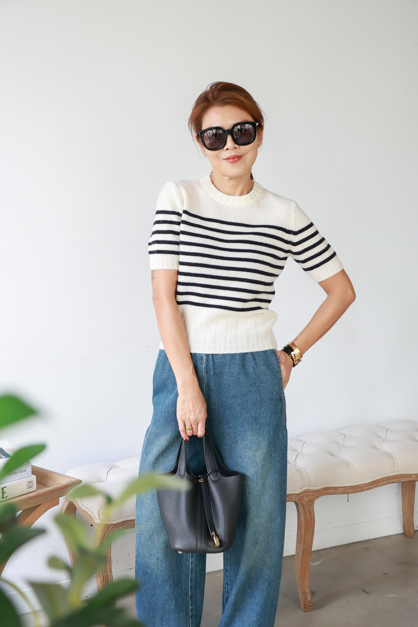 100% Cashmere 拚色條紋短袖毛衣