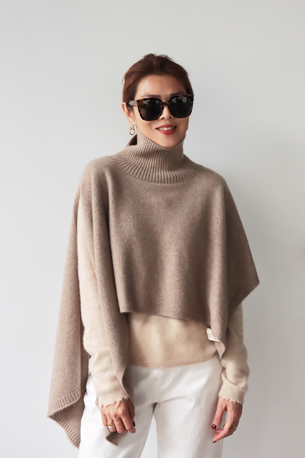 100% Cashmere 高領套頭披肩斗篷毛衣