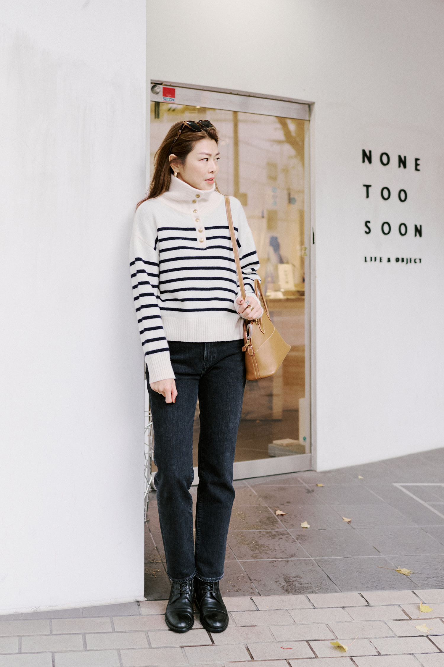 【搶先價】100% Cashmere 高領金釦半門襟橫條紋毛衣