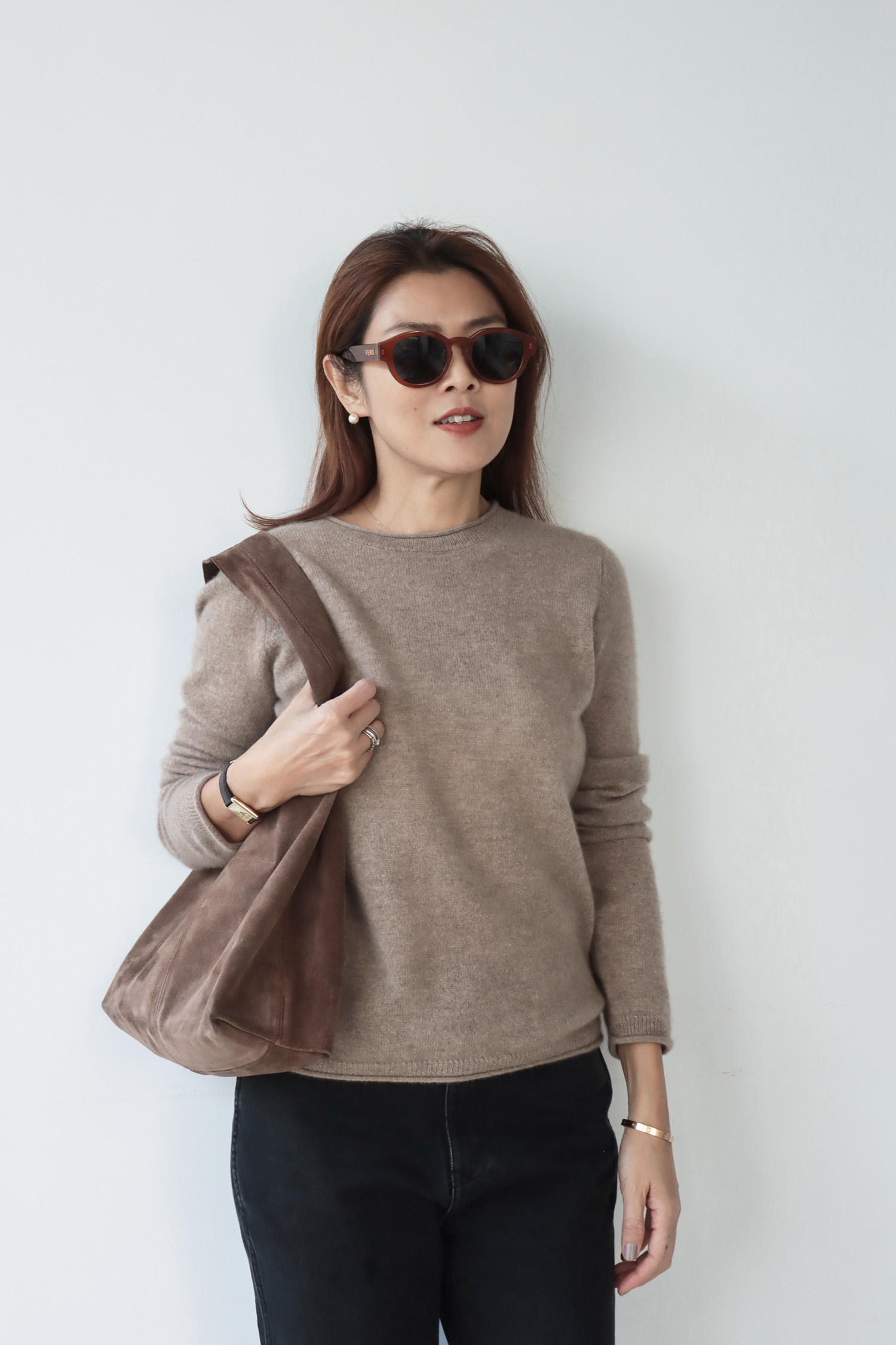 100% Cashmere 圓領捲邊長袖毛衣