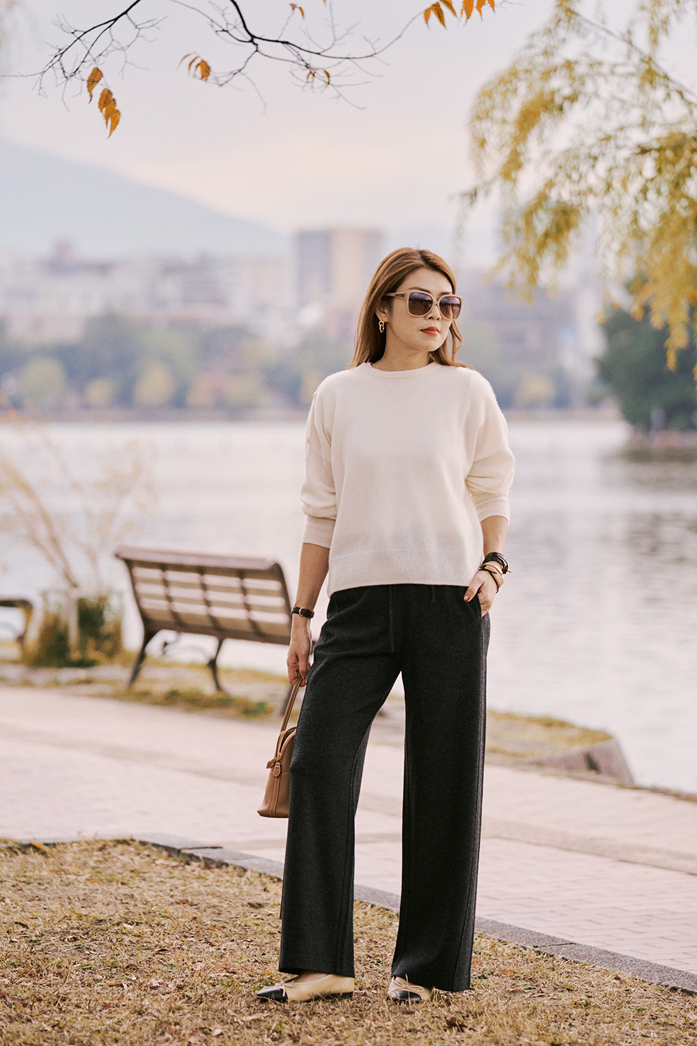 100% Wool 側邊縫線抽繩長寬褲