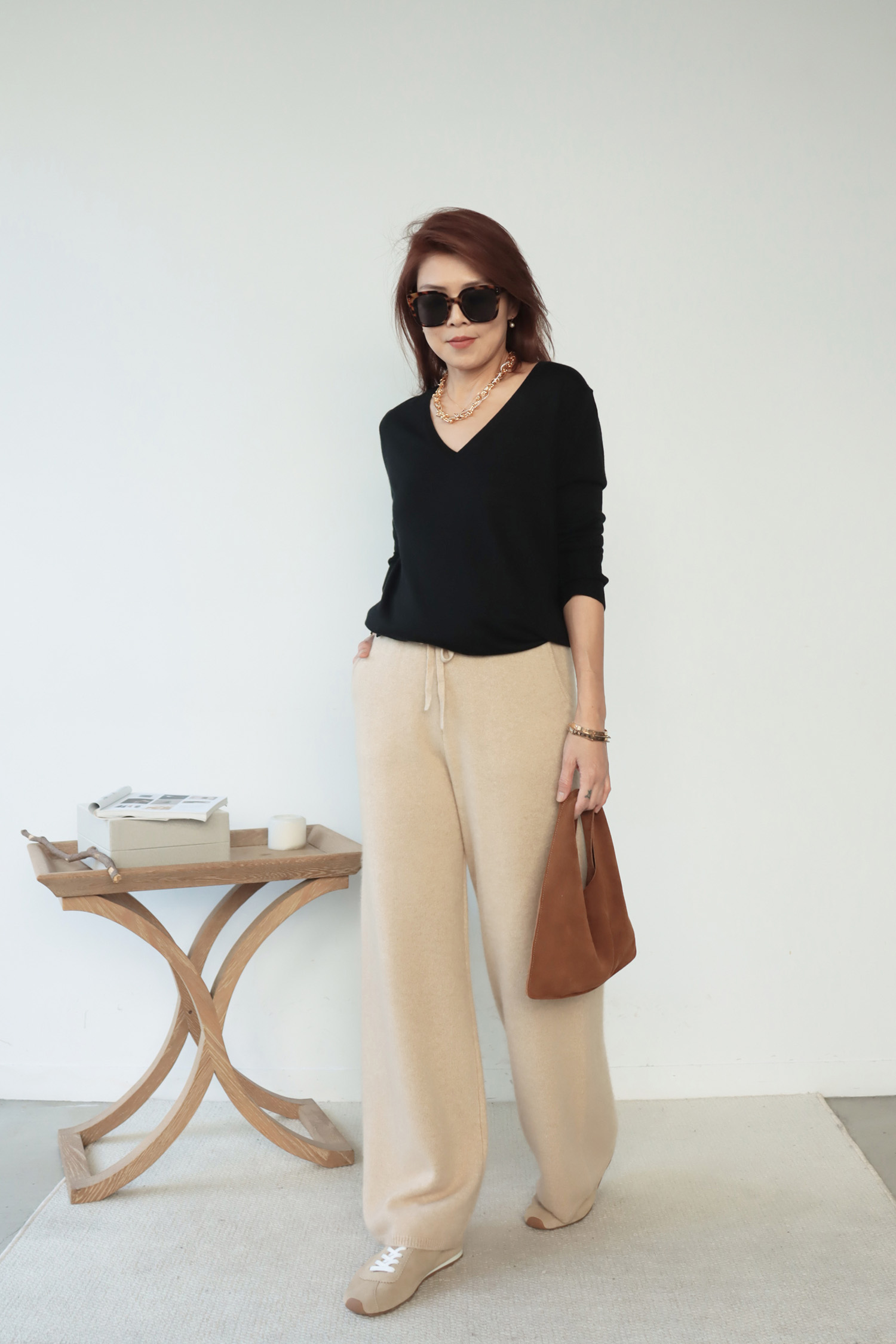 100% Cashmere 休閒抽繩羊絨直筒長褲