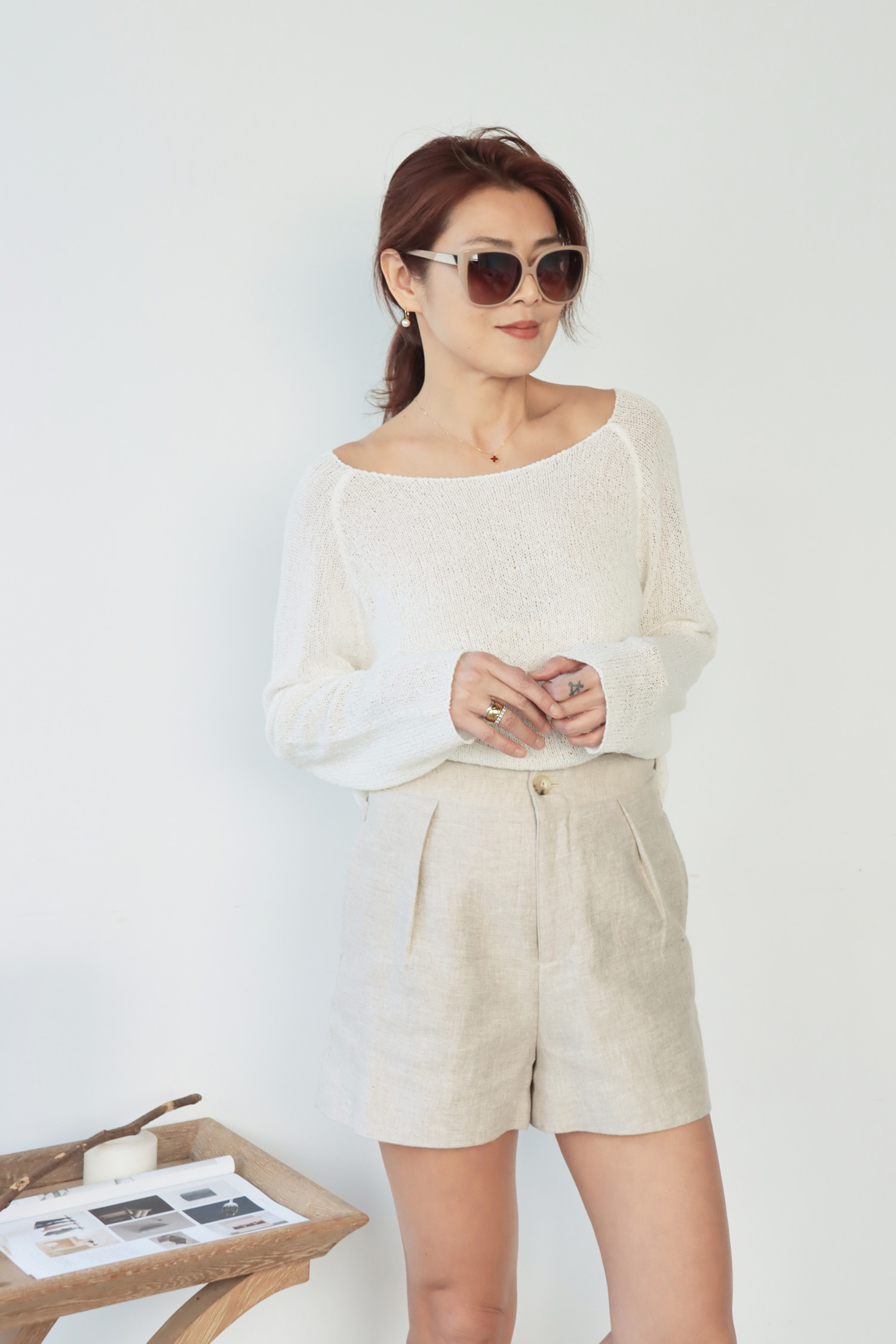 亞麻後調節短褲