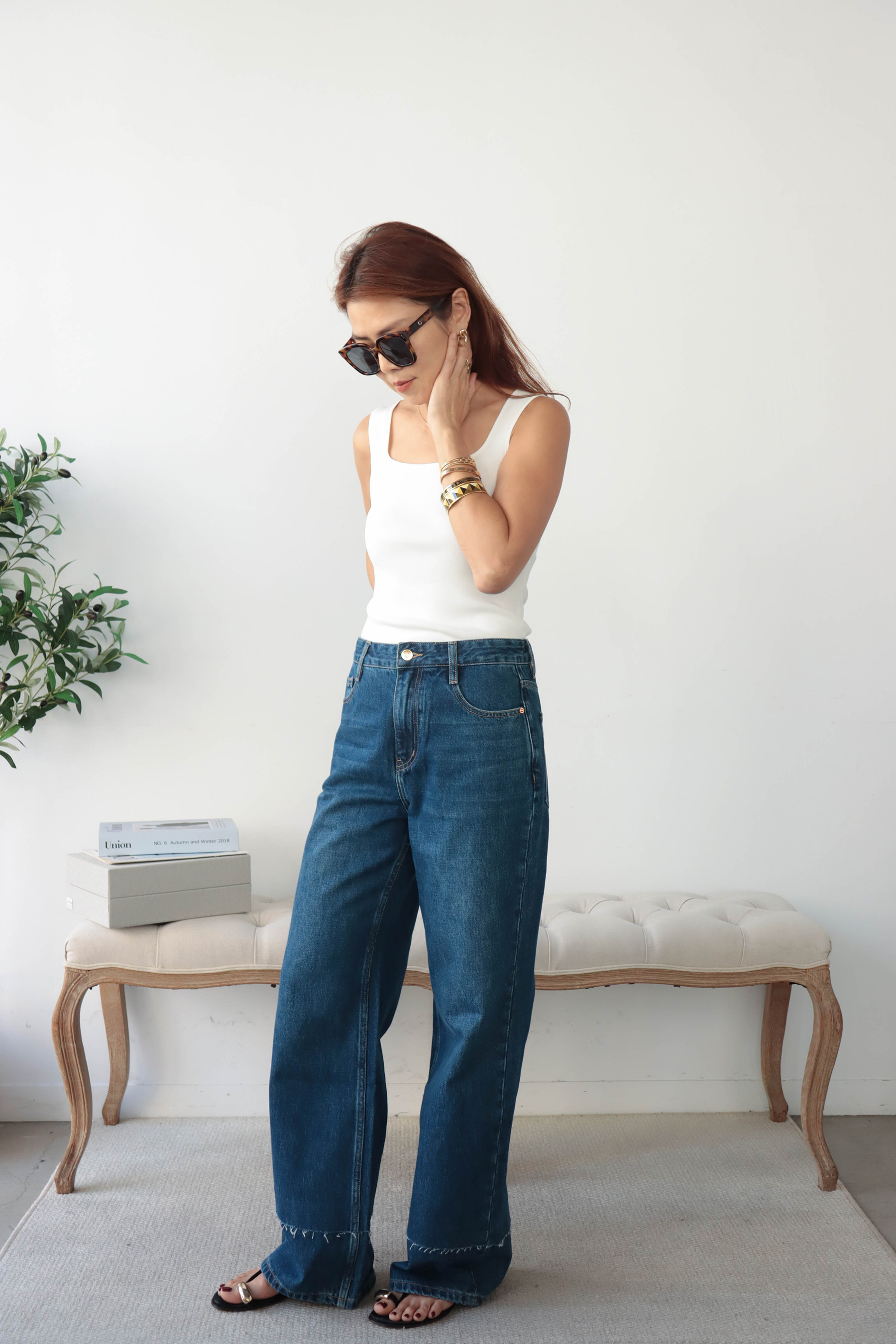 【搶先價】下擺拼接毛邊牛仔直筒寬褲