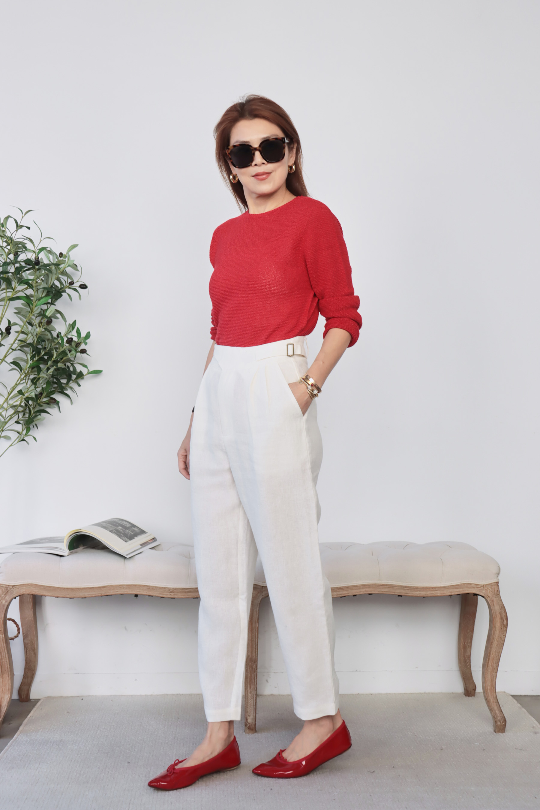 【搶先價】挺版雙側可調節綁帶亞麻長褲