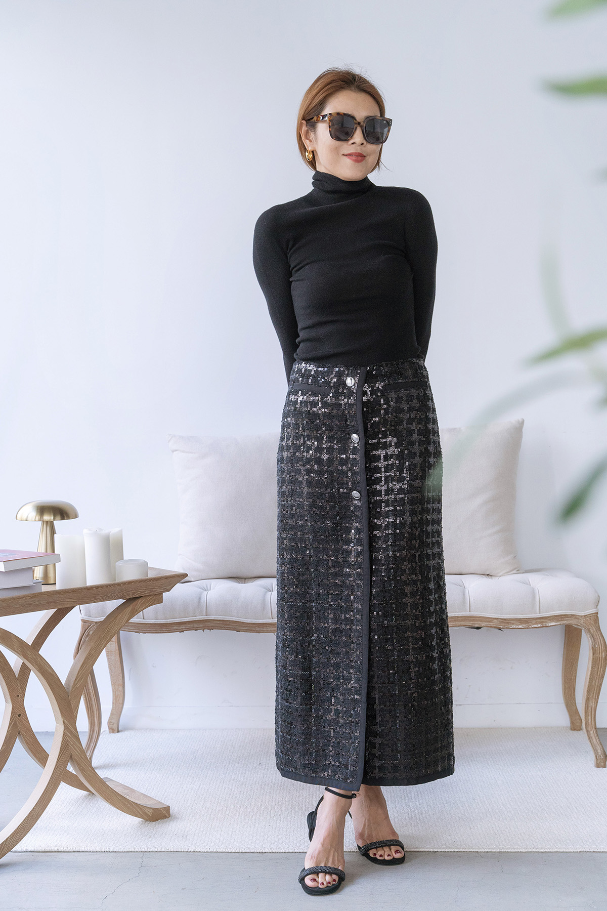 【搶先價】重工小香亮片格紋長裙