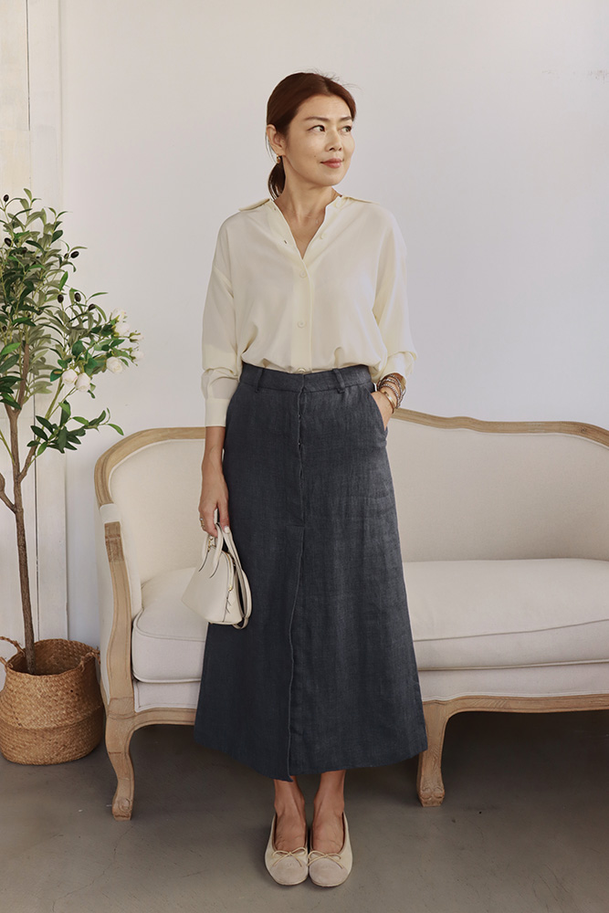 【搶先價】深海藍前後開衩西裝版亞麻長裙