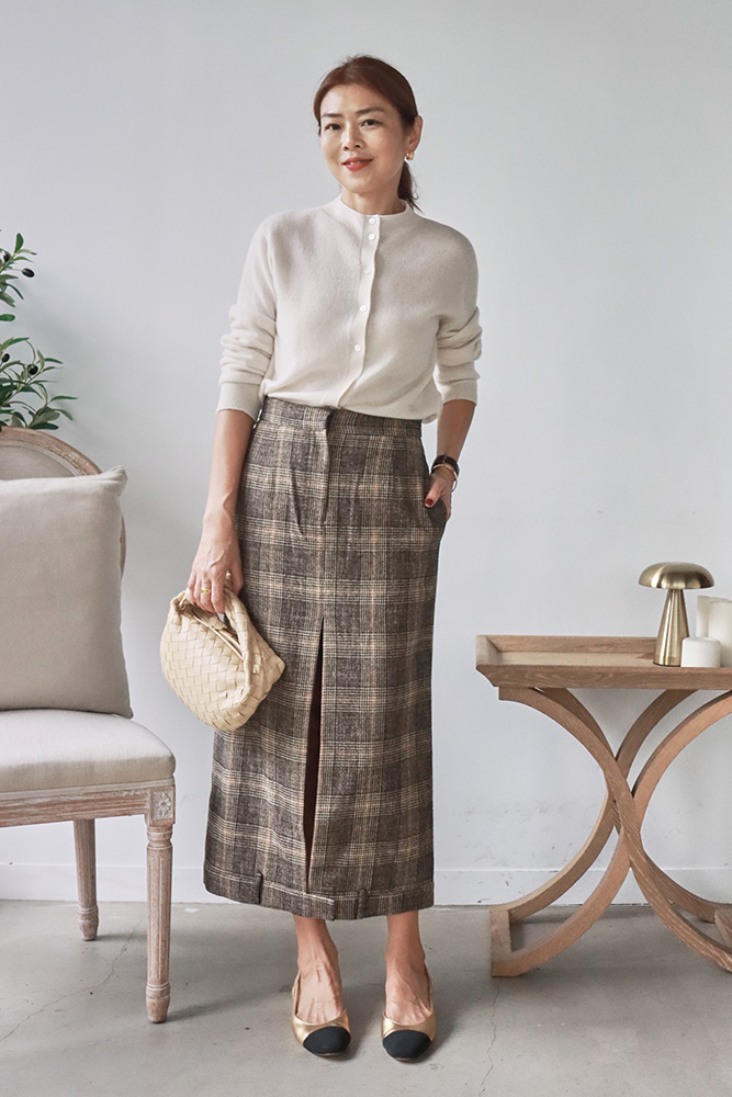 Elora 棕影格調羊毛混紡長裙