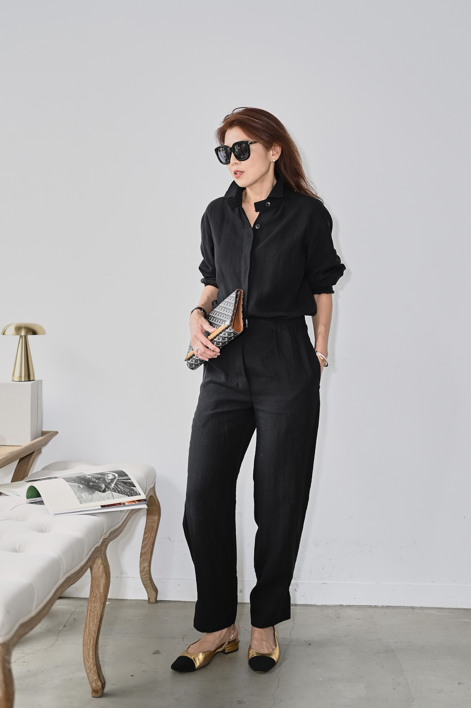 亞麻小立領工裝綁帶連身褲