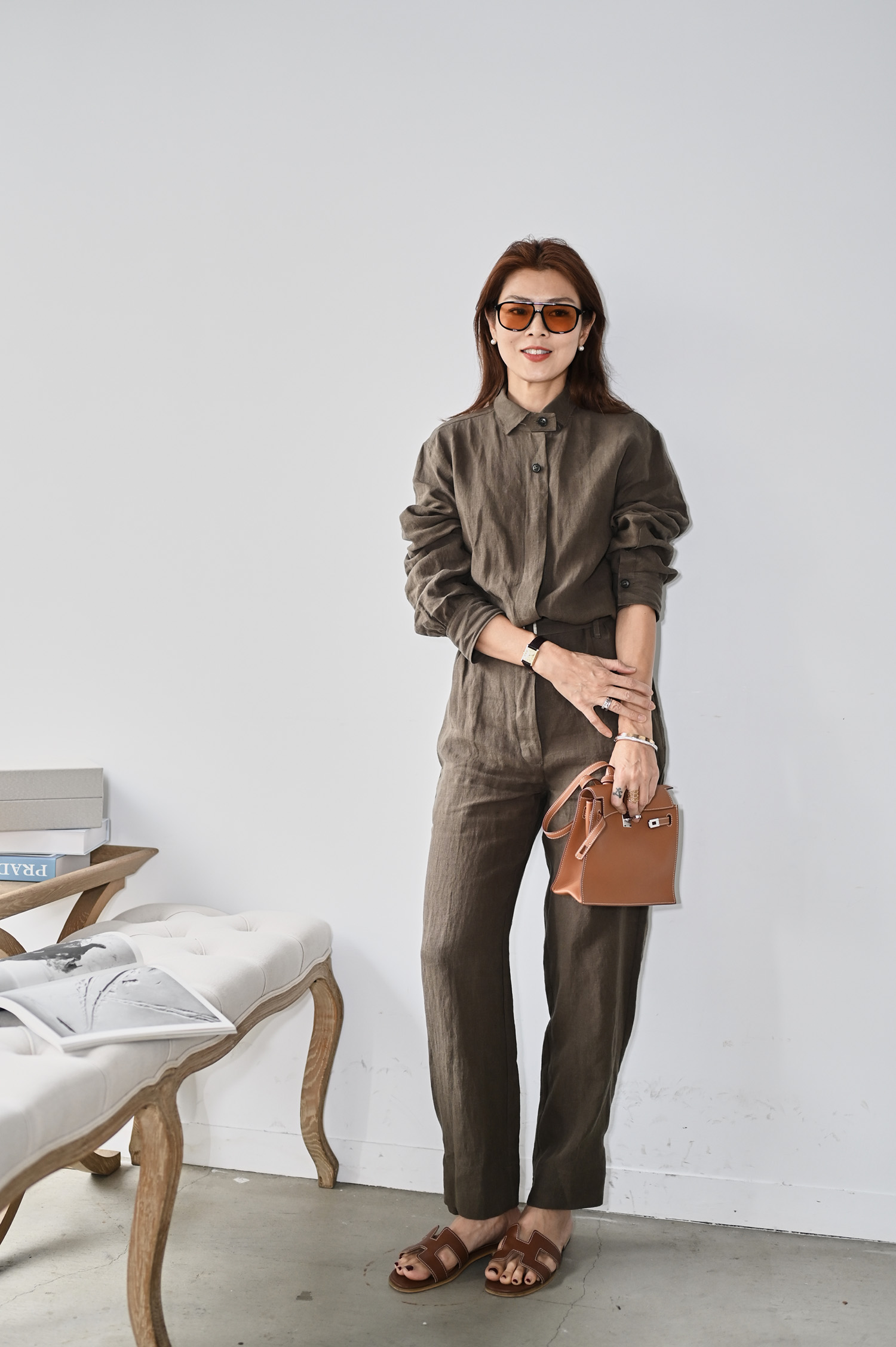 亞麻小立領工裝綁帶連身褲