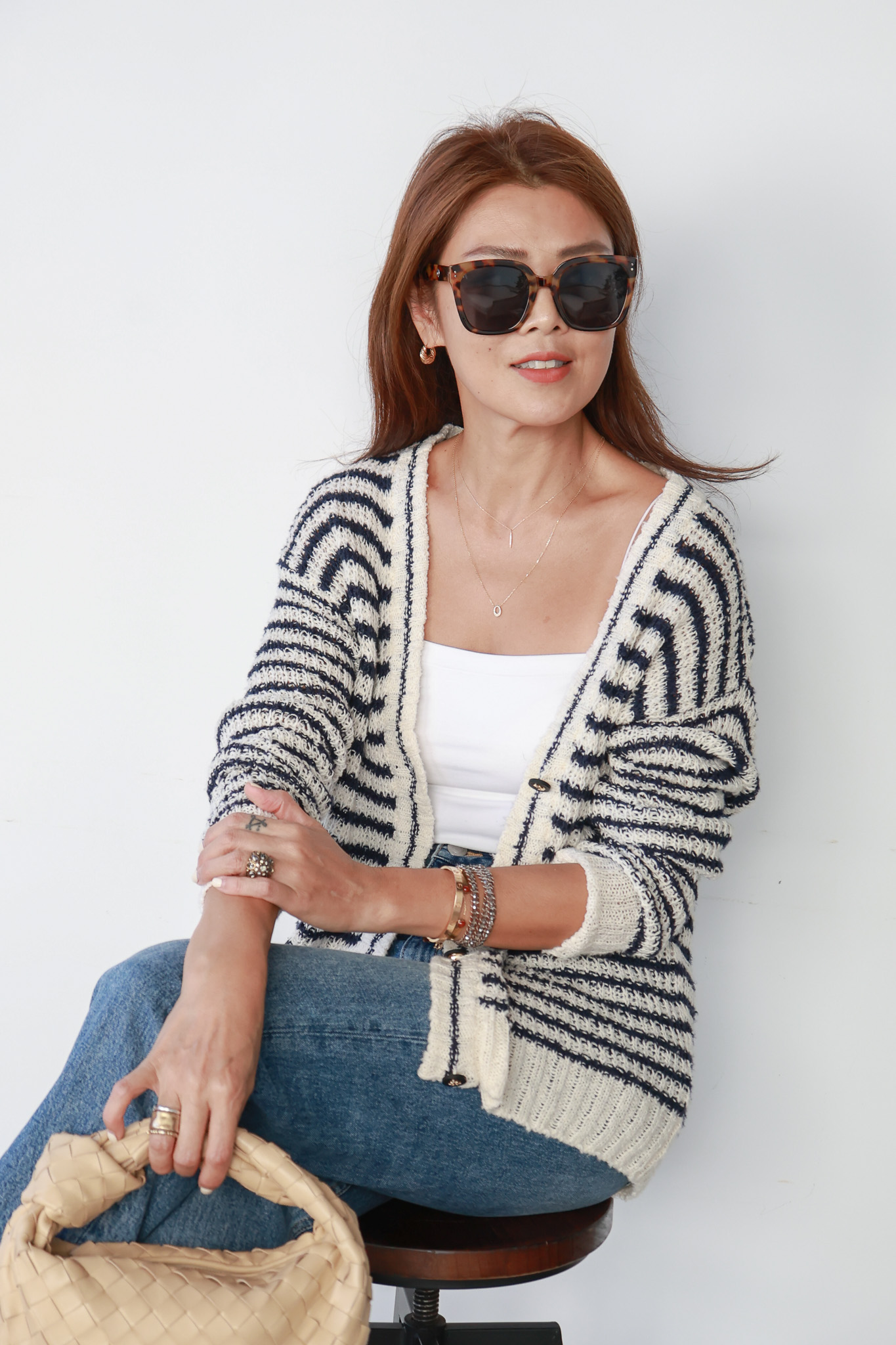 【搶先價】船錨釦條紋V領針織開襟外套