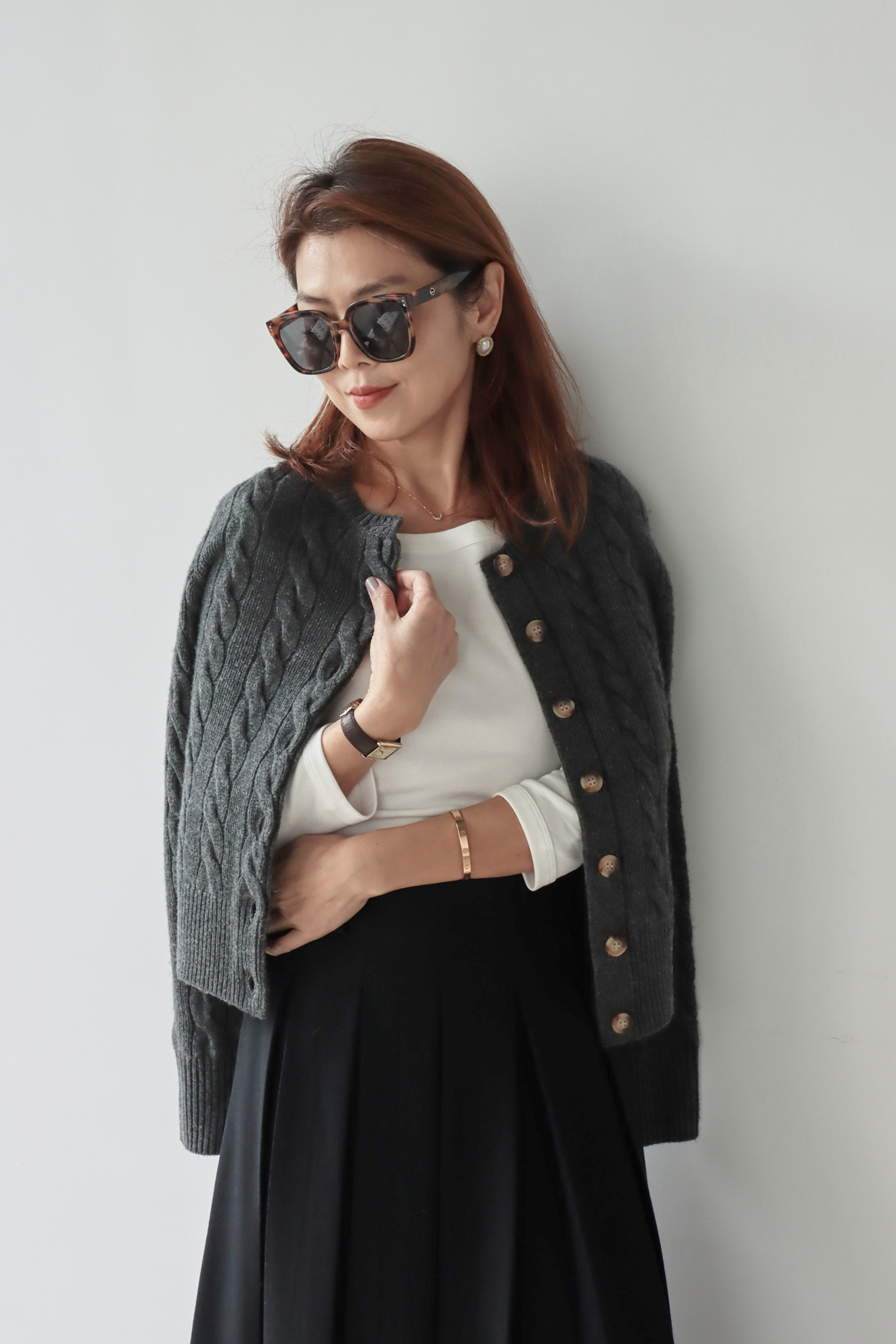 羊毛圓領麻花開襟衫