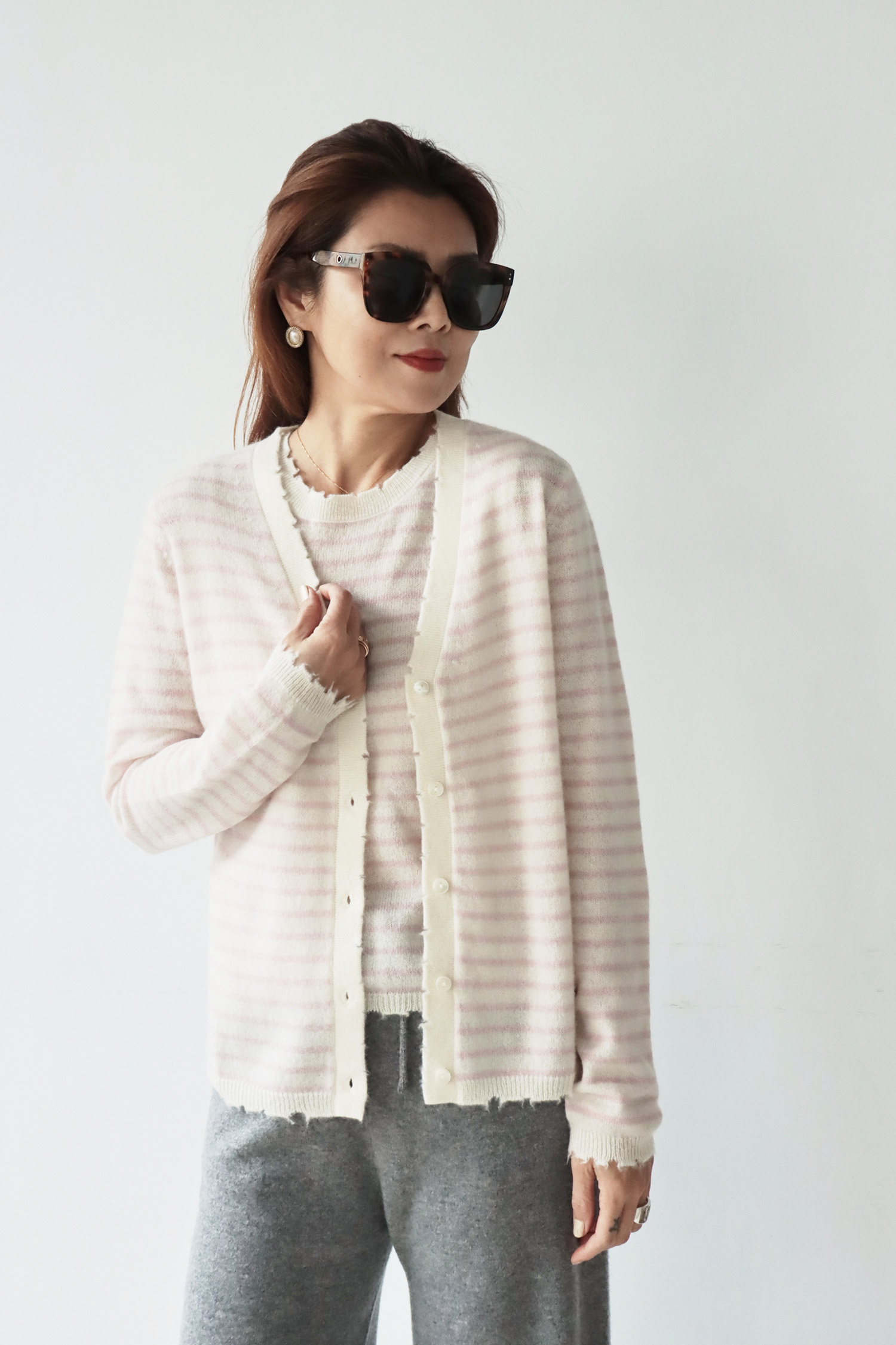 Macaron 條紋羊絨開襟外套