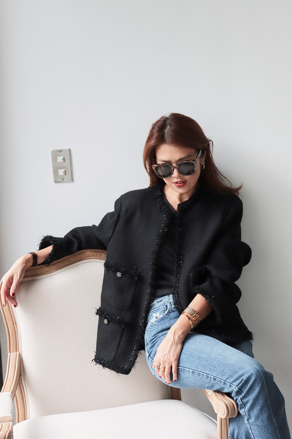 黑色花邊四口袋銀蔥毛呢外套