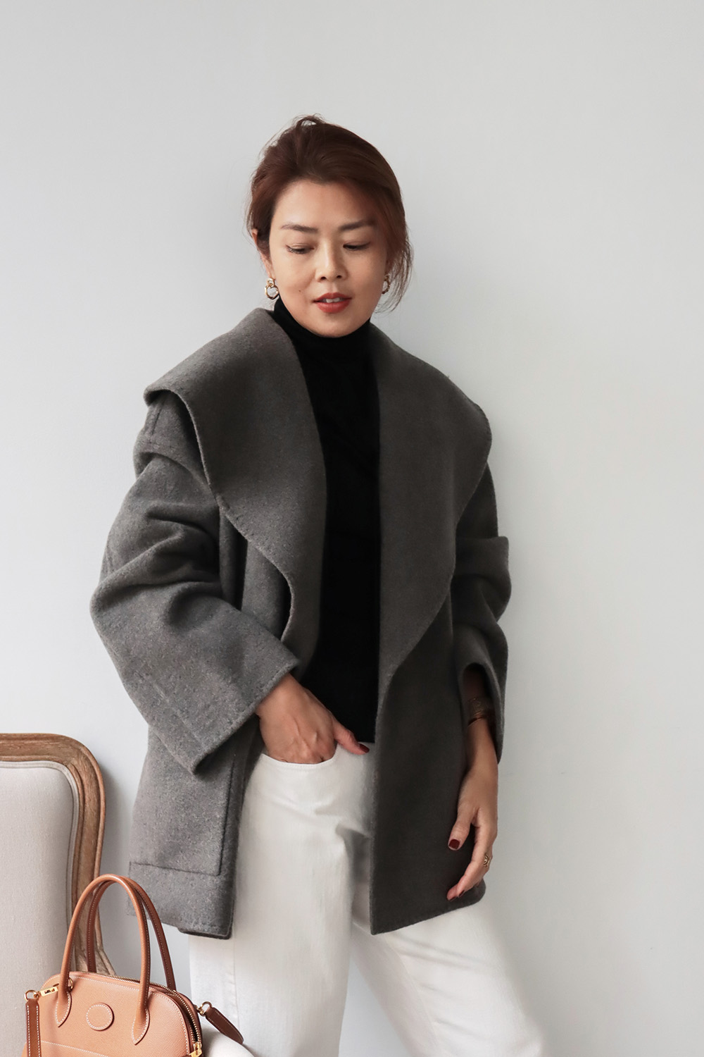 高級灰澳毛羊絨短版大衣