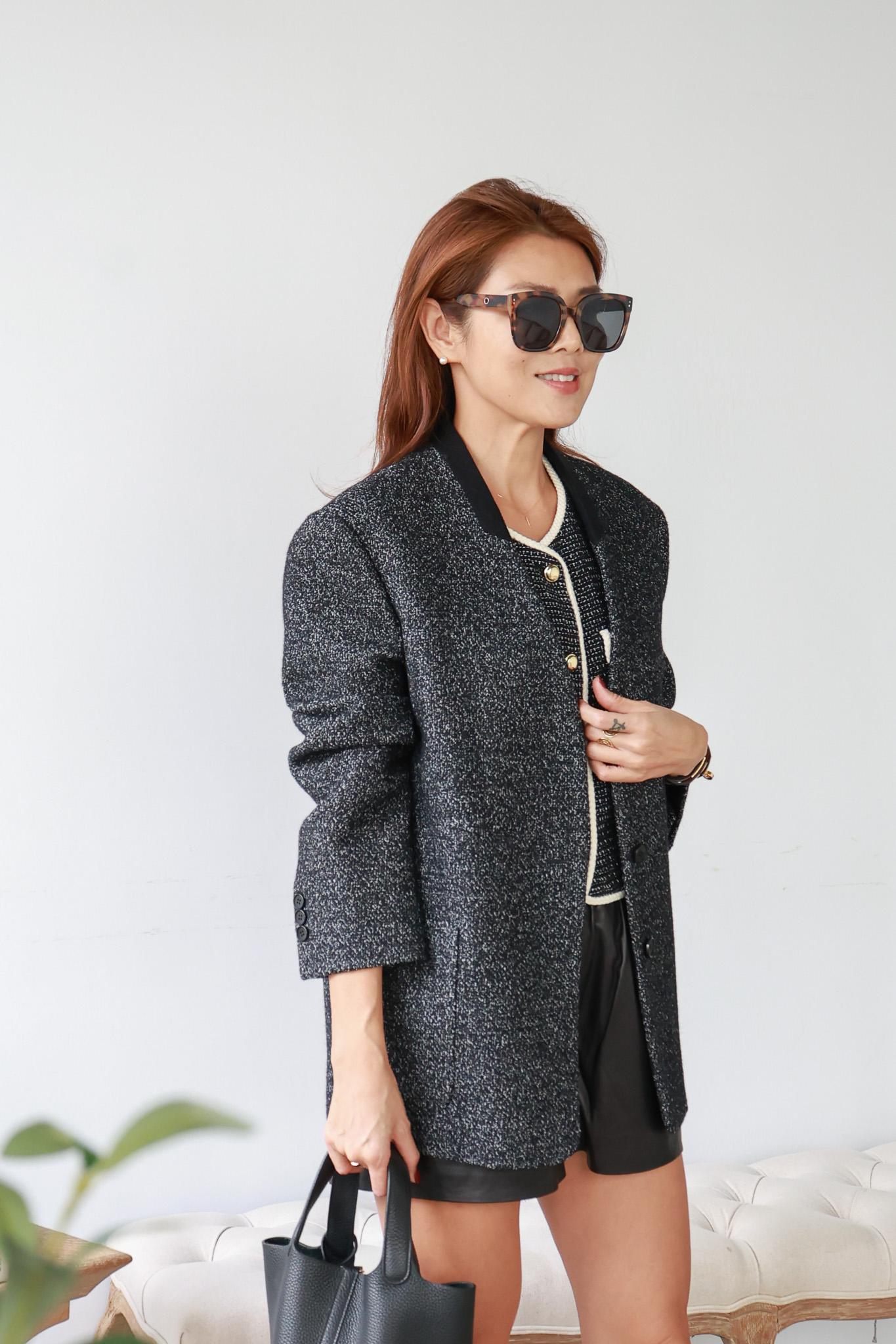 粗花呢無領墊肩西裝外套