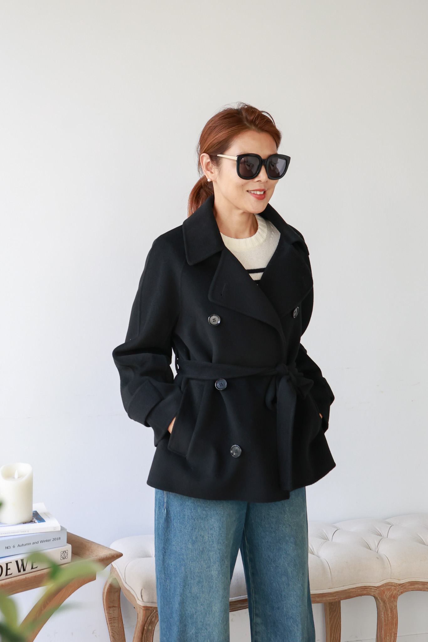 Oxford 英倫翻領雙排釦綁帶短版大衣