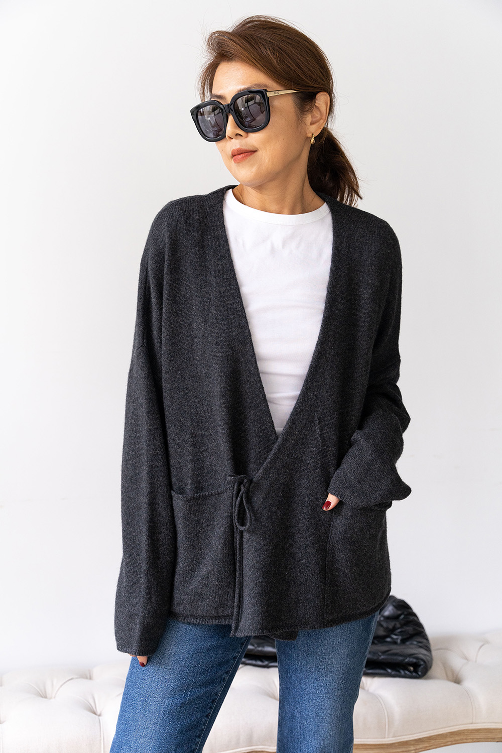 疊襟綁繩羊絨真絲混紡外套