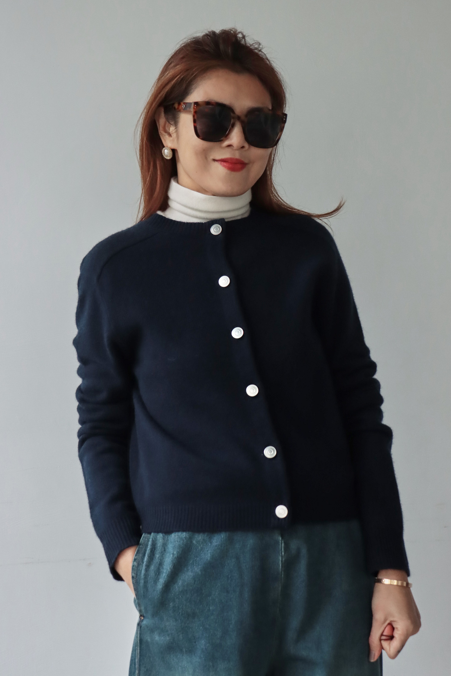 後簍空綁帶設計羊毛開襟外套