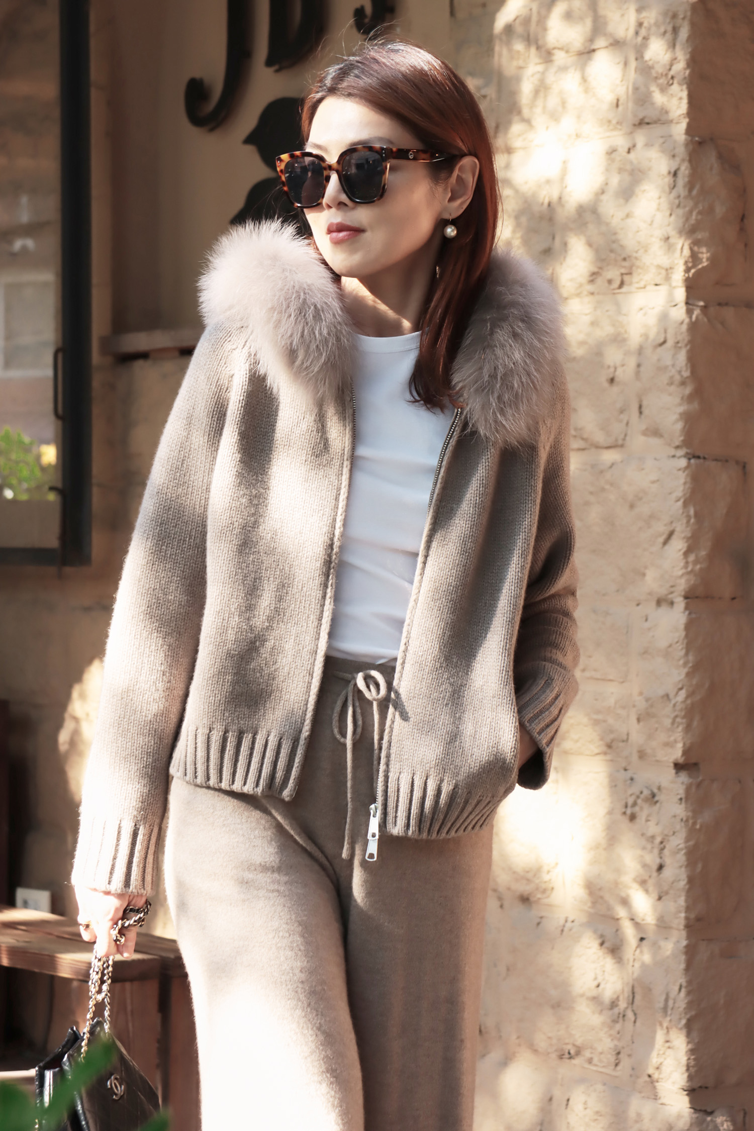 100% Cashmere 狐狸毛領針織外套(毛領可拆)