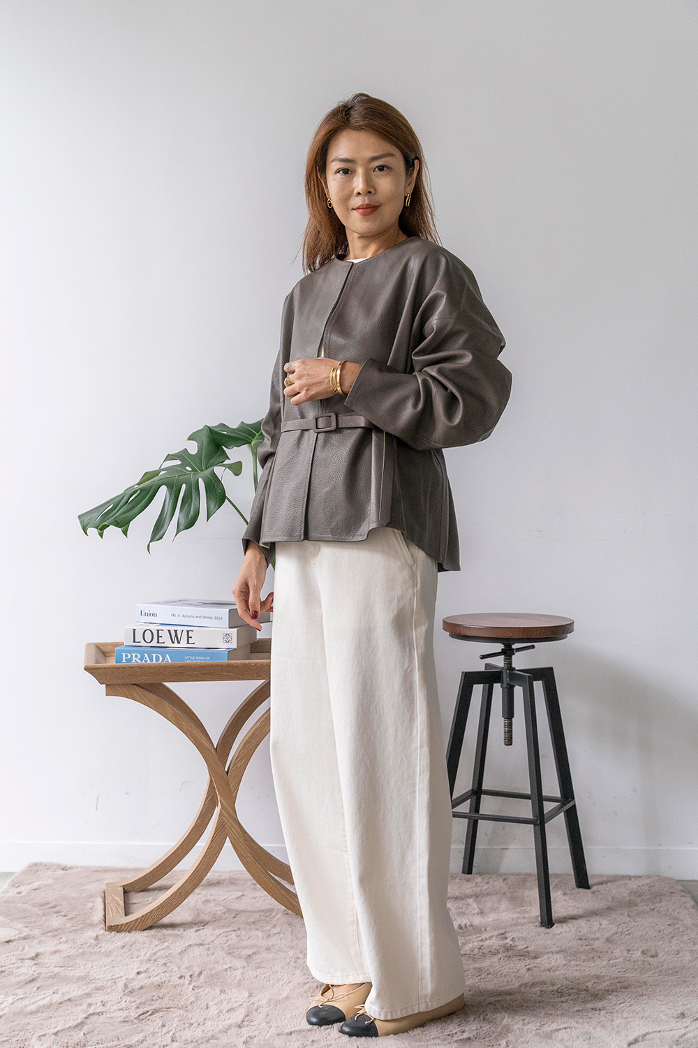 山羊鹿紋圓領綁帶皮外套