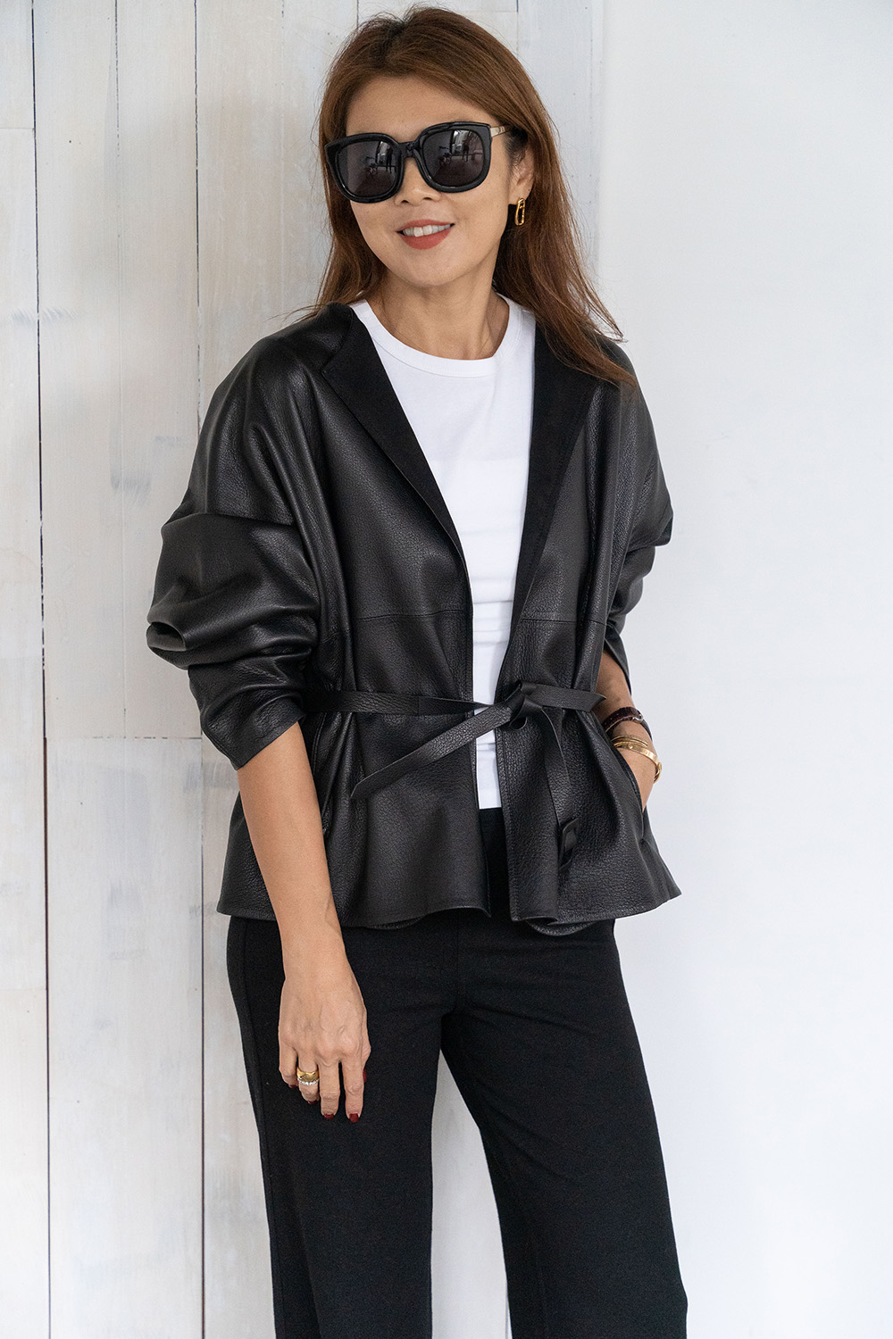 山羊鹿紋圓領綁帶皮外套