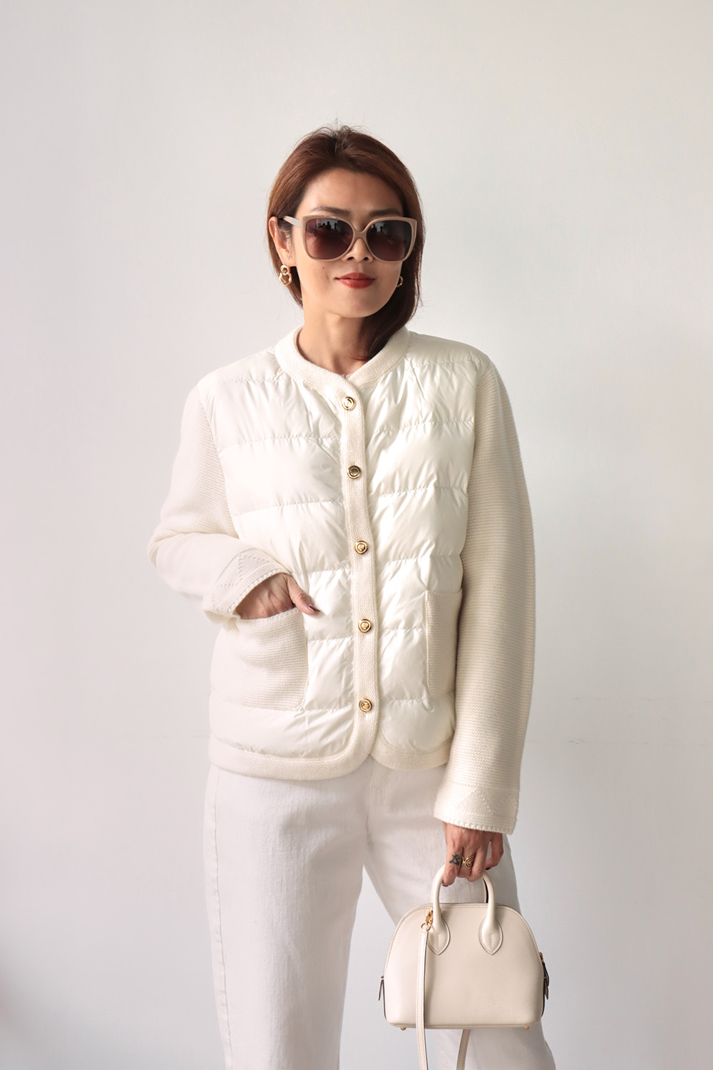 100% Cashmere 羊絨拼接羽絨金釦外套