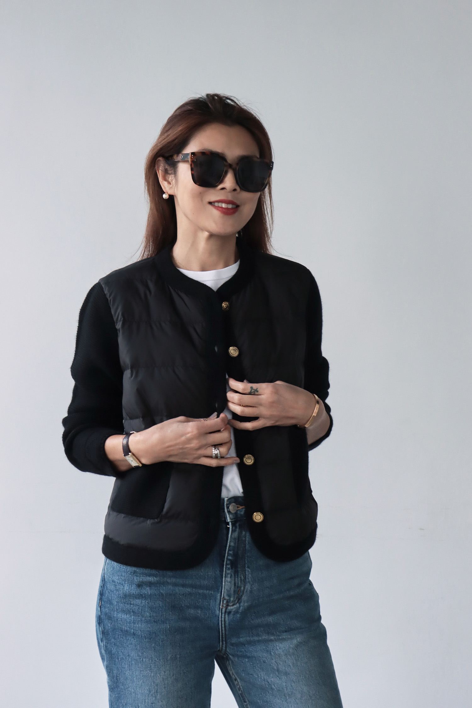 100% Cashmere 羊絨拼接羽絨金釦外套